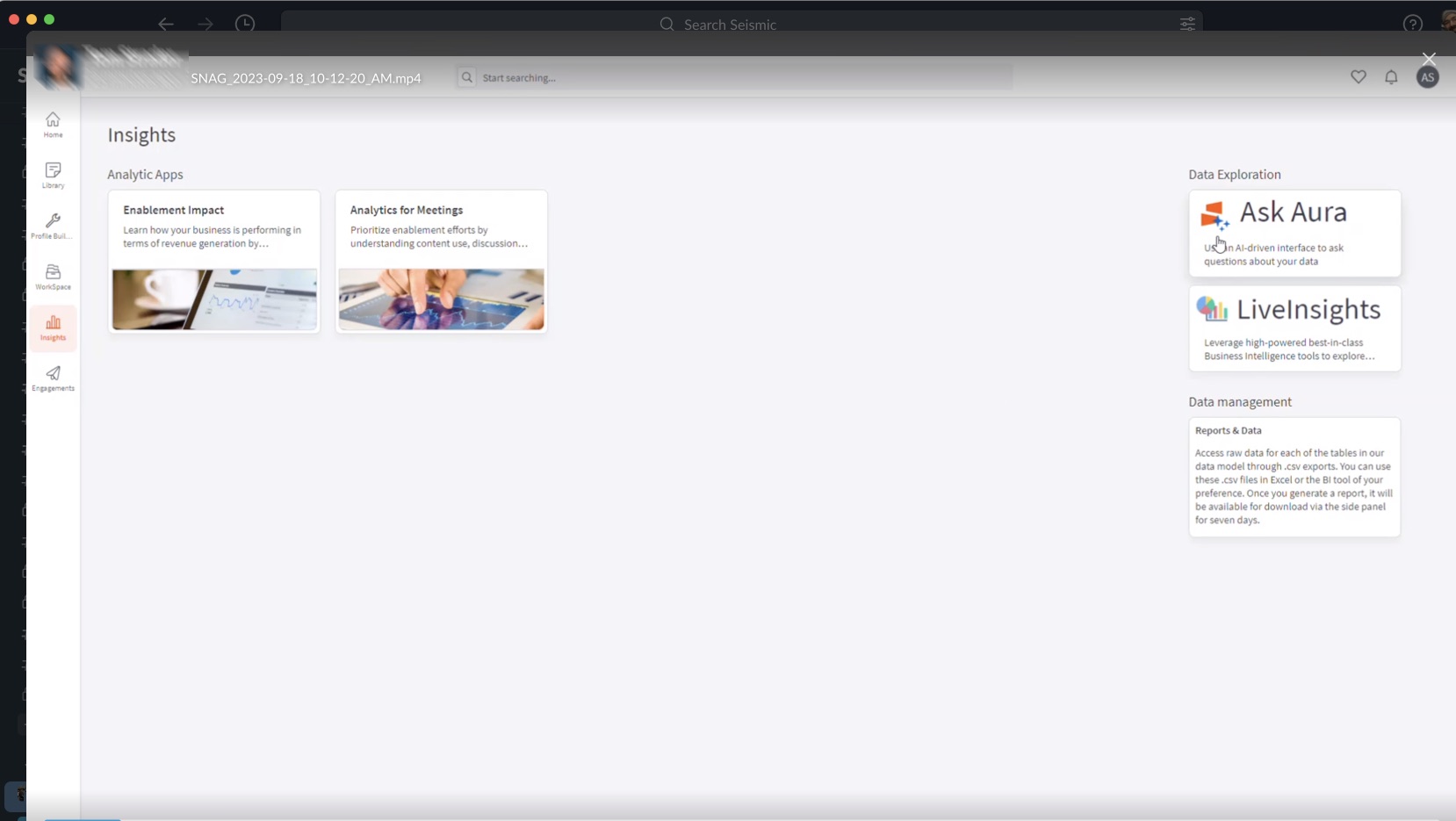 Early Seismic Insights page with Enablement Impact and Analytics for Meetings apps, and an Ask Aura card under Data Exploration beside LiveInsights and Reports and Data