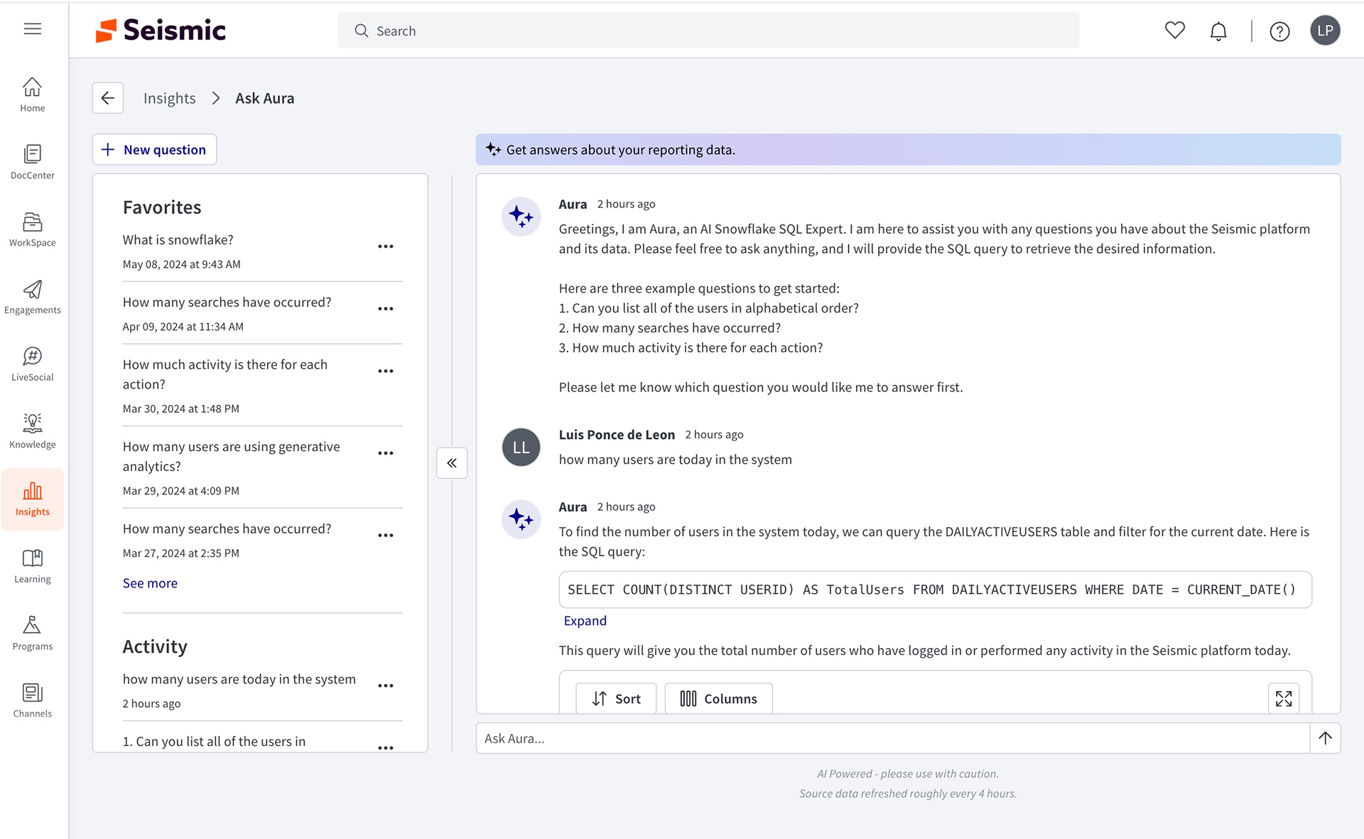 Ask Aura in the Seismic product: a Favorites and Activity panel on the left, and a conversation where Aura answers a question with a SQL query, an explanation and a results table