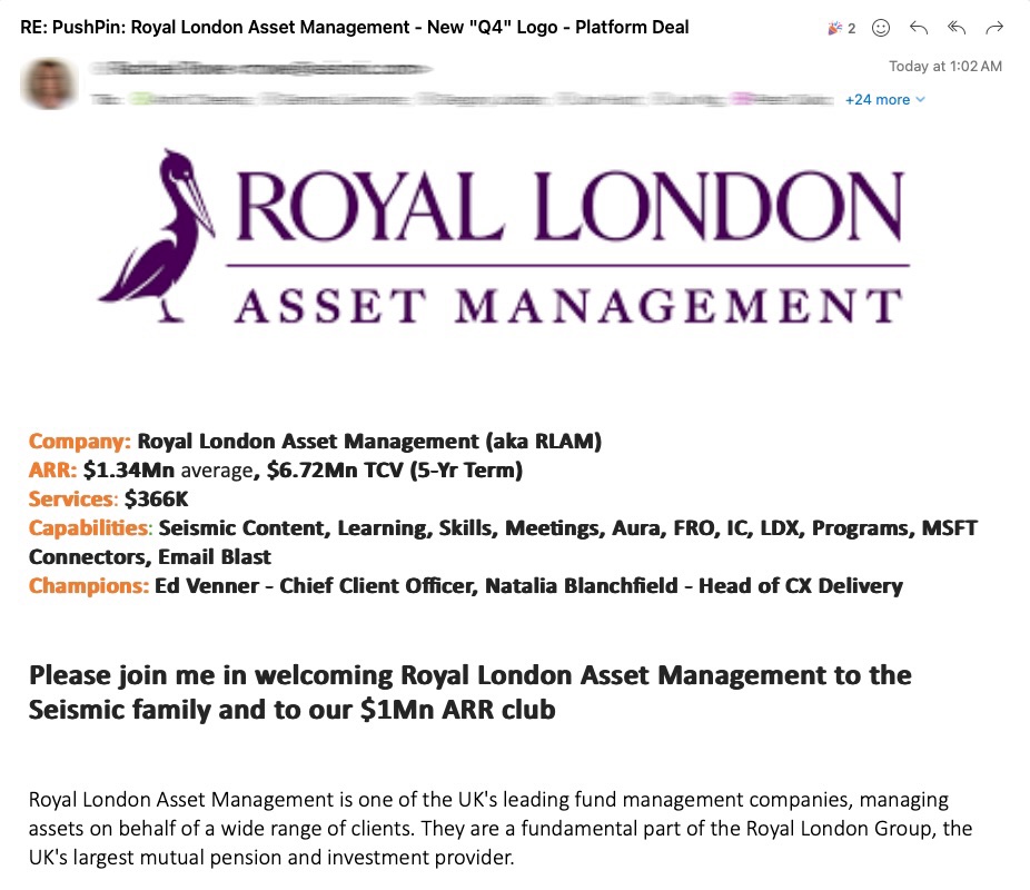 Internal deal announcement welcoming Royal London Asset Management, listing ARR of 1.34 million average, 6.72 million TCV, and capabilities including Content, Learning, Meetings and Aura