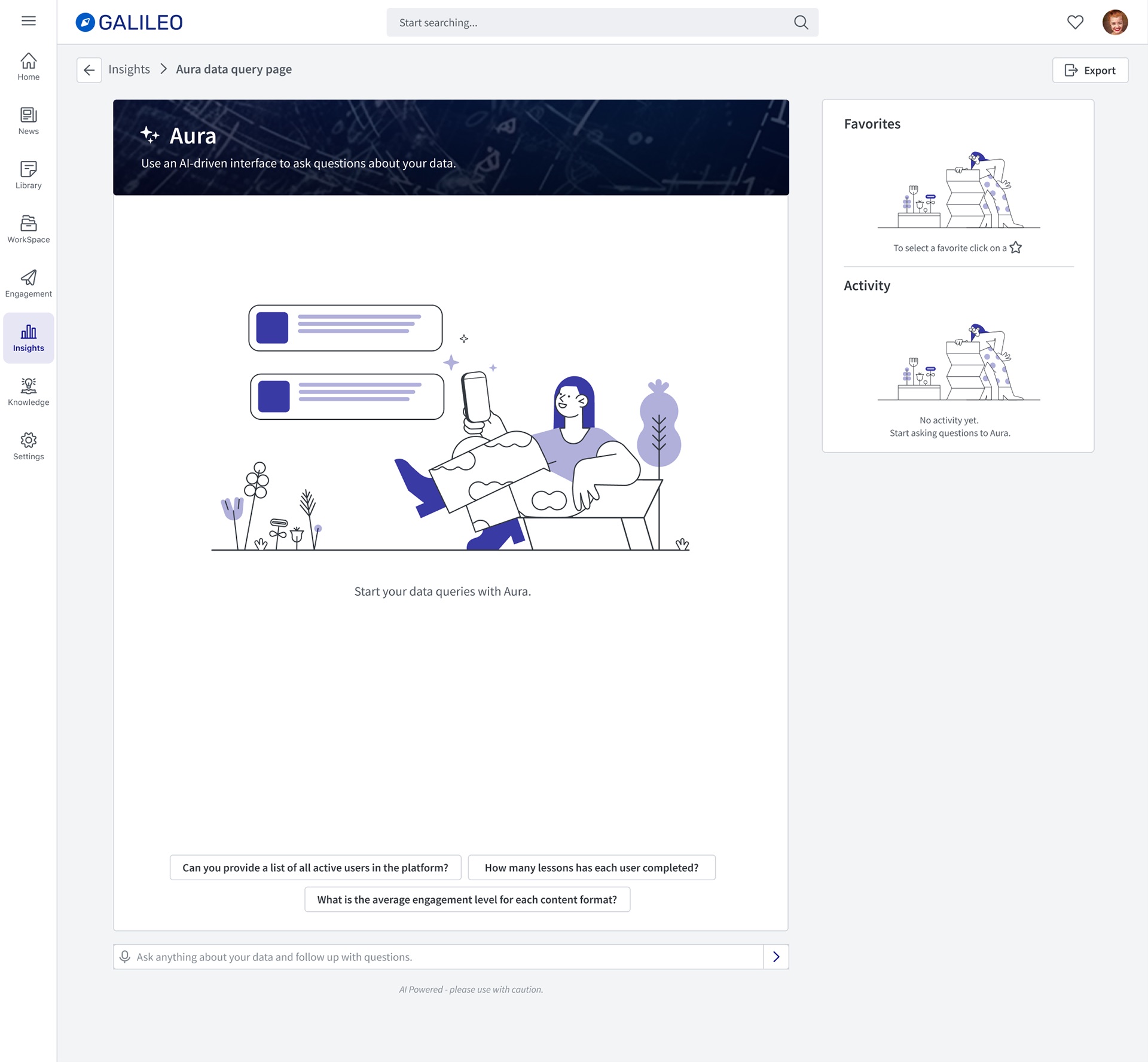 Aura data query page empty state with an illustration, the line Start your data queries with Aura, three suggested questions, and empty Favorites and Activity panels