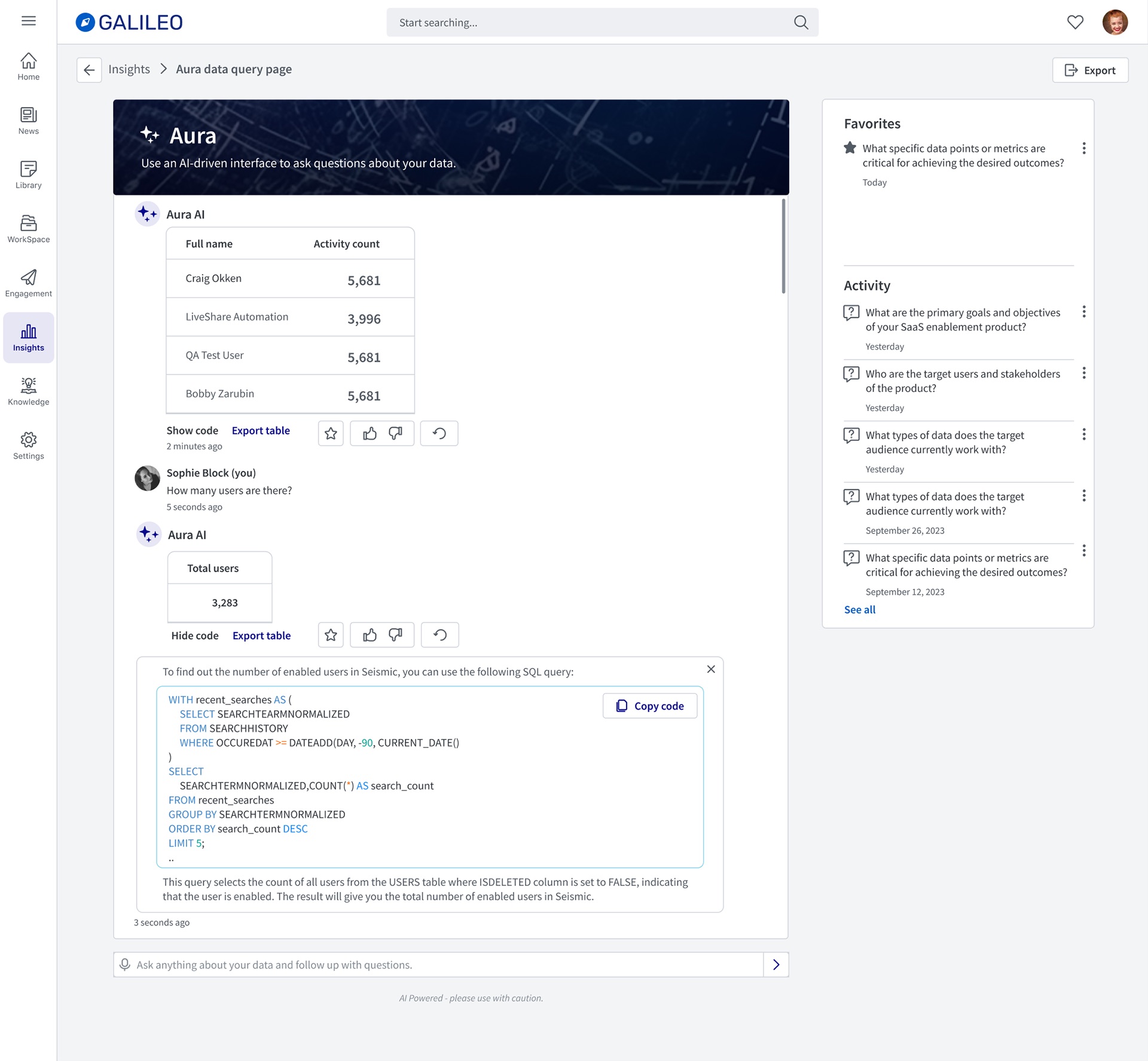 Show code expanded under an answer, revealing the SQL query in a bordered box with a Copy code button and a plain-language explanation of what the query does