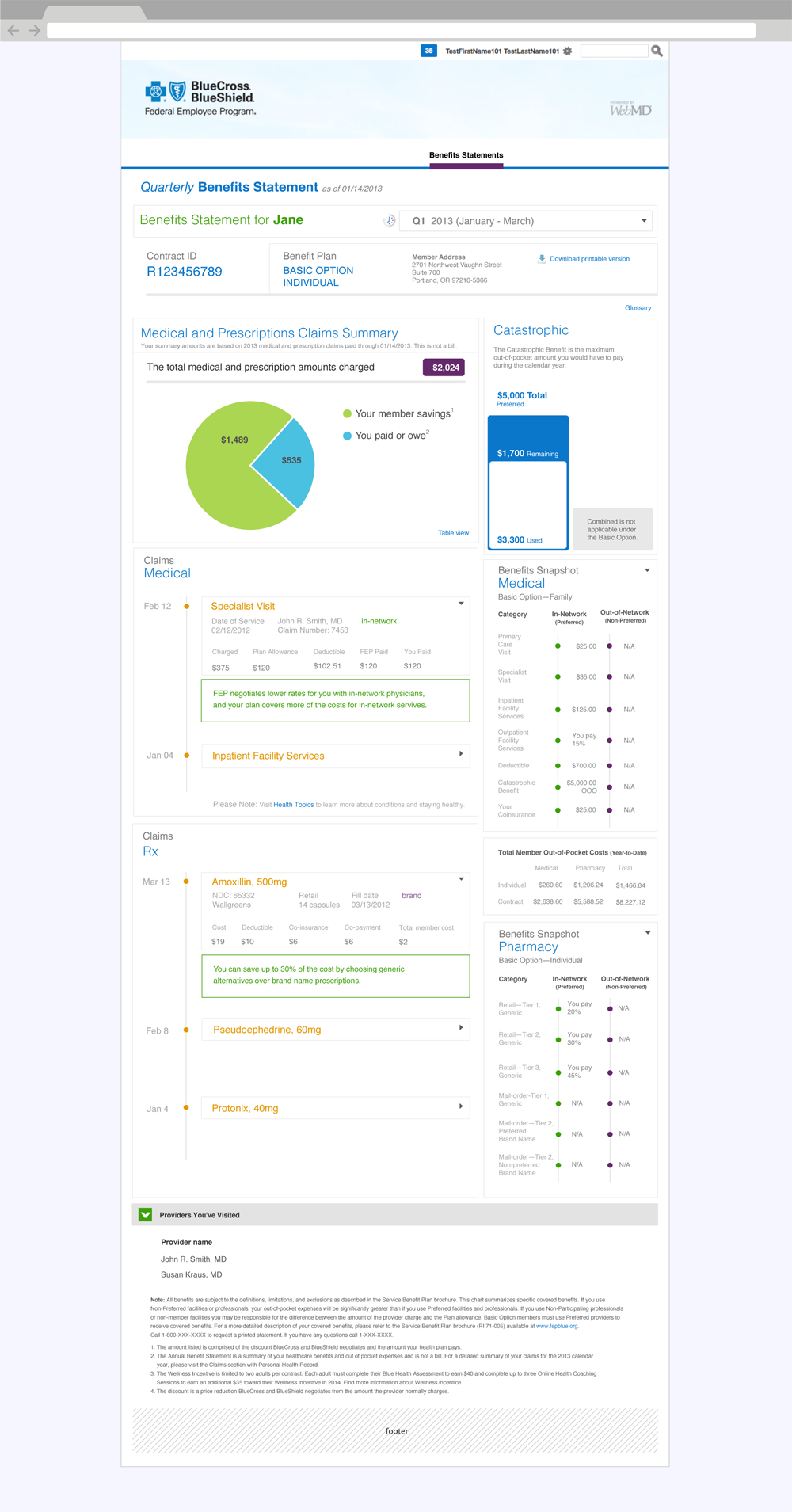 The complete Quarterly Benefits Statement from header to footer: the period picker set to Q1 2013, contract and plan details for an individual Basic Option contract, the claims summary pie chart, the catastrophic chart, the medical and Rx claims timelines, the medical and pharmacy Benefits Snapshots, the out-of-pocket table, a Providers You've Visited list and the legal notes
