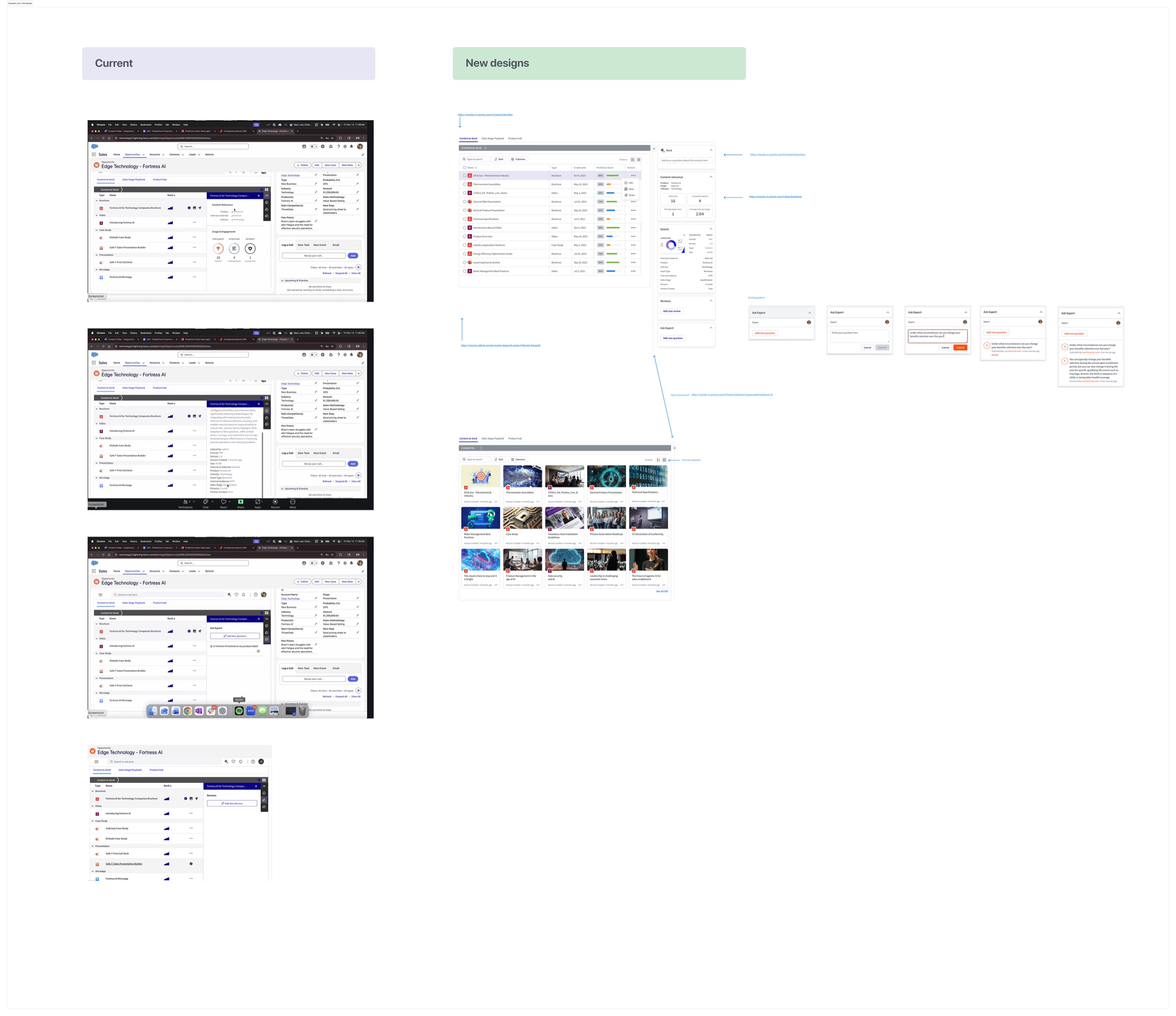 Current CRM experience compared with new designs adding an Aura panel, content relevance metrics, reviews and an Ask Expert flow