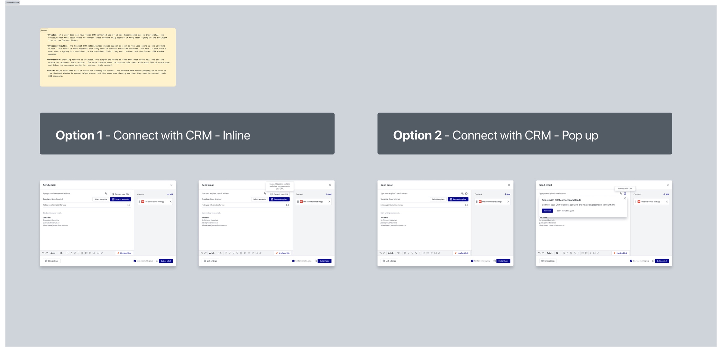 Connect with CRM explorations comparing an inline option and a pop-up option, with a use case note describing the problem, proposed solution, workaround and value
