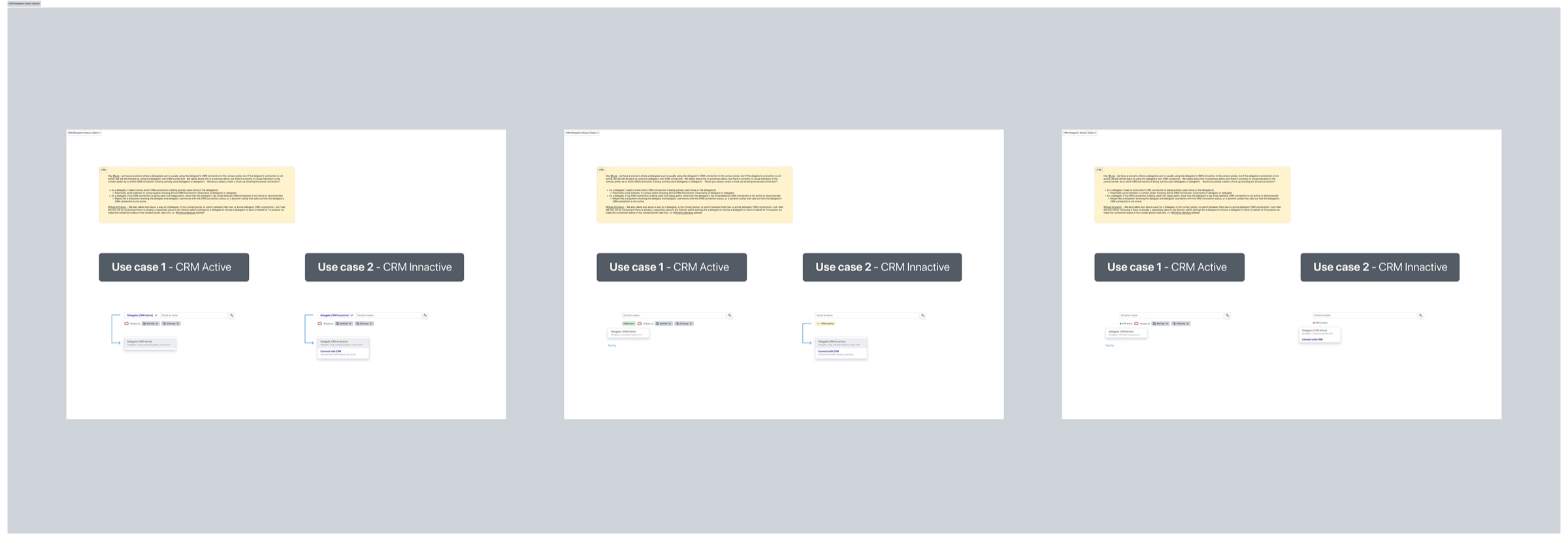 Three design options for CRM delegation status, each showing a CRM active and a CRM inactive use case in the recipient picker