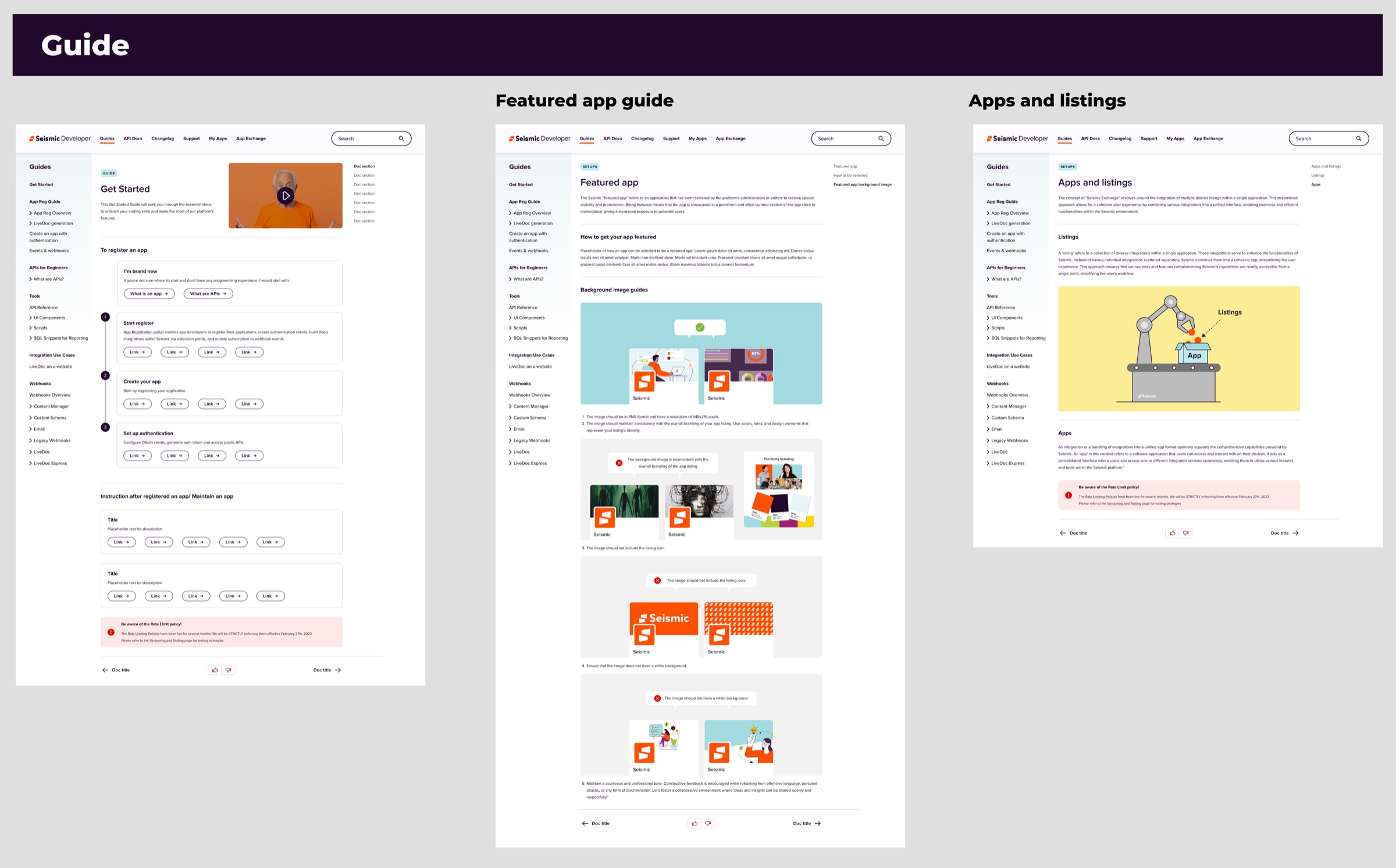 Developer Portal guides including a numbered Get Started flow, a featured app guide with background image do and don't examples, and an apps and listings explainer