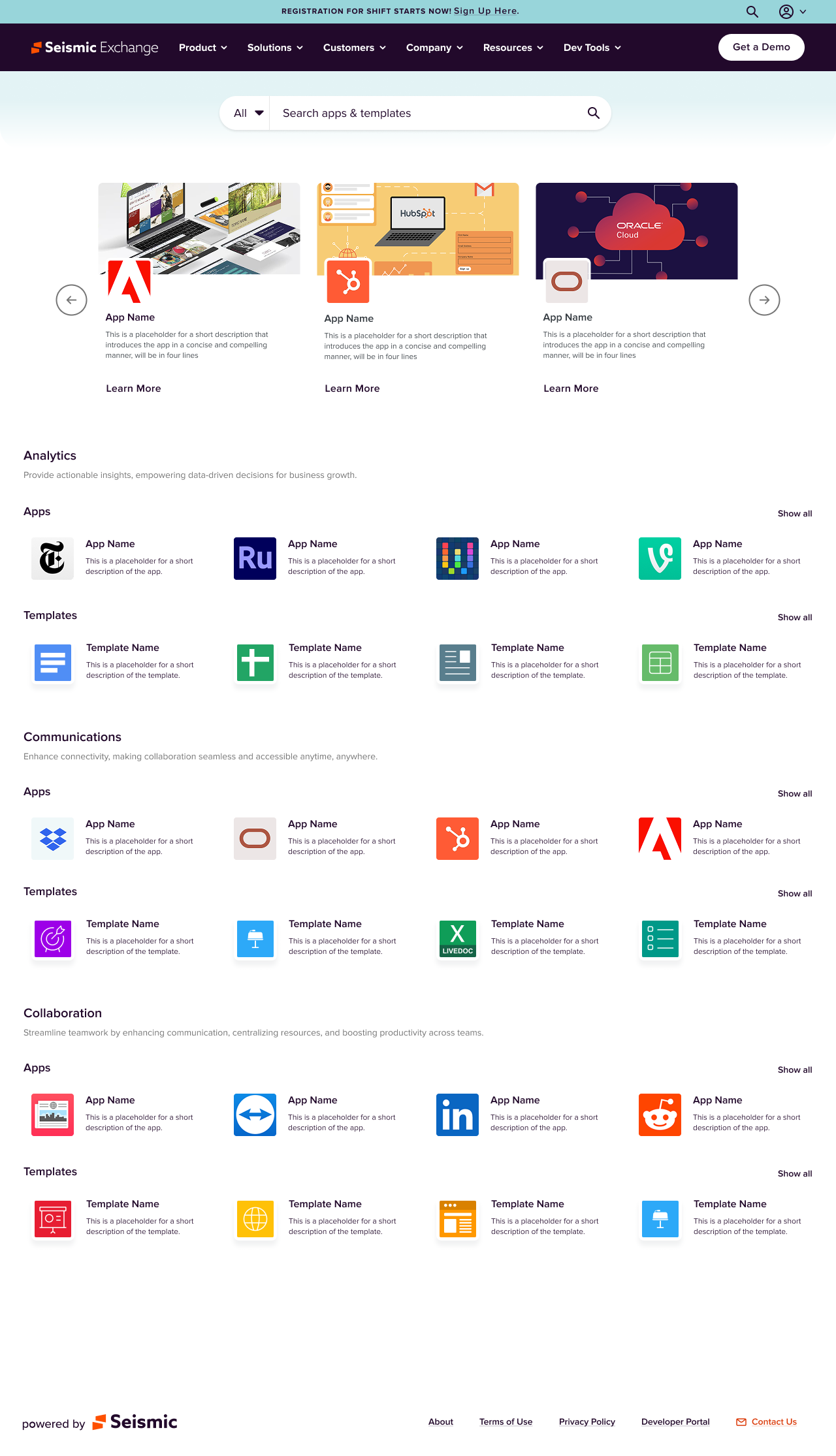 Seismic Exchange landing page with a search bar, featured app carousel, and apps and templates grouped under Analytics, Communications and Collaboration categories