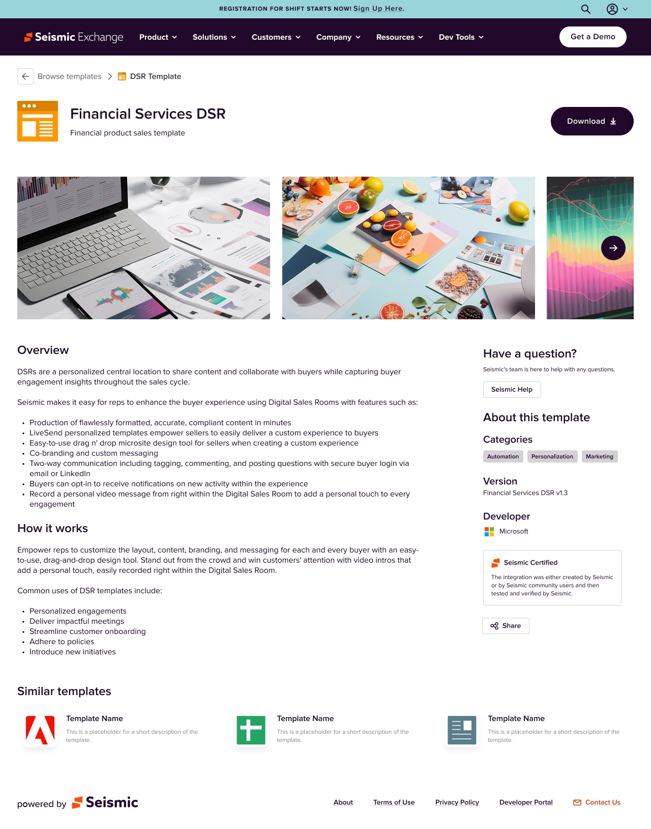 Exchange detail page for a Financial Services DSR template showing a media carousel, overview, how it works, and a sidebar with categories, version, developer and Seismic Certified badge