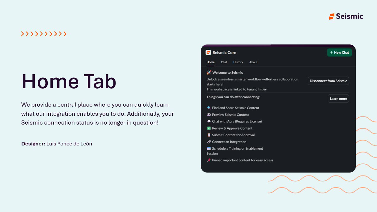 Slack Home Tab showing a welcome panel, the linked tenant, a disconnect control and a list of things you can do after connecting