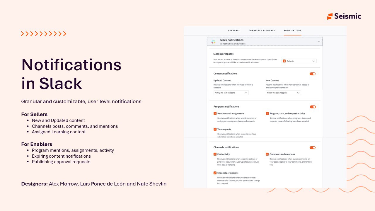 Slack notifications settings with granular per-user controls grouped into content, programs and channel notifications, split by seller and enabler needs