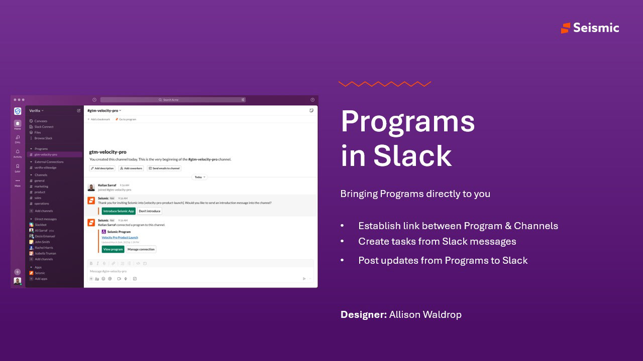 Programs in Slack showing a channel linked to a program, with introduce app and manage connection controls