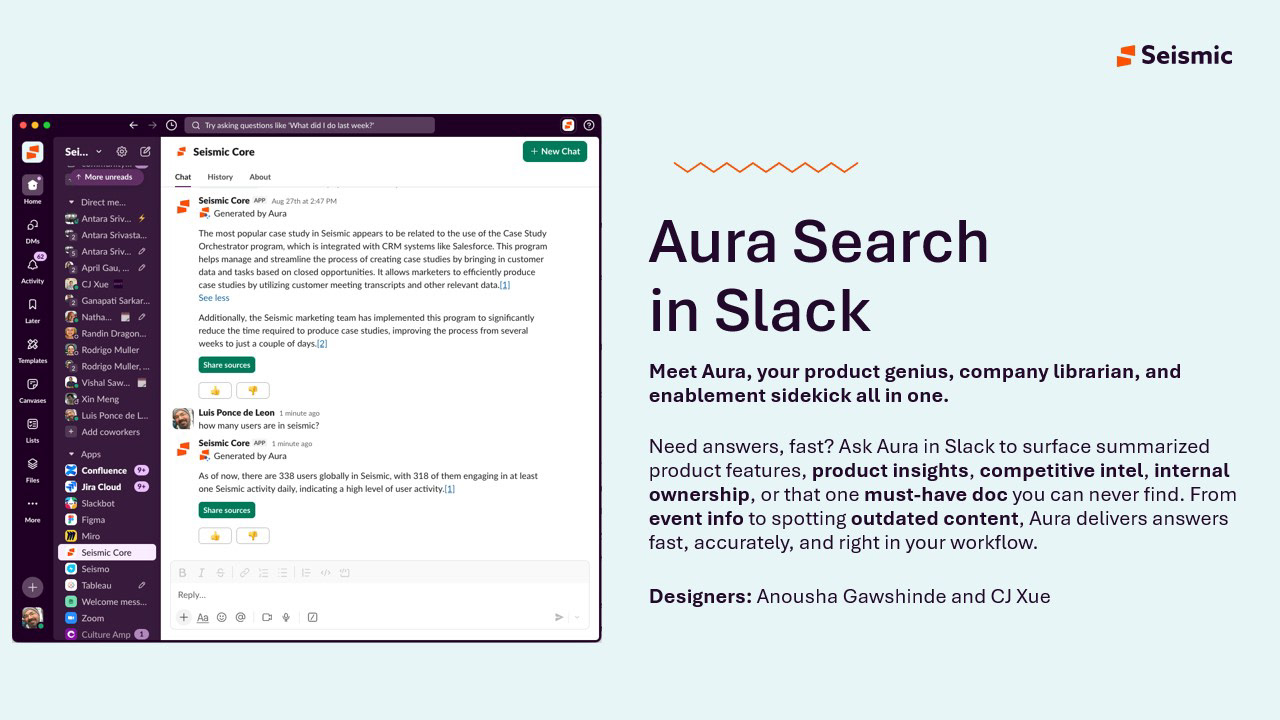 Aura Search in Slack answering a question in-thread with cited sources and a share sources action