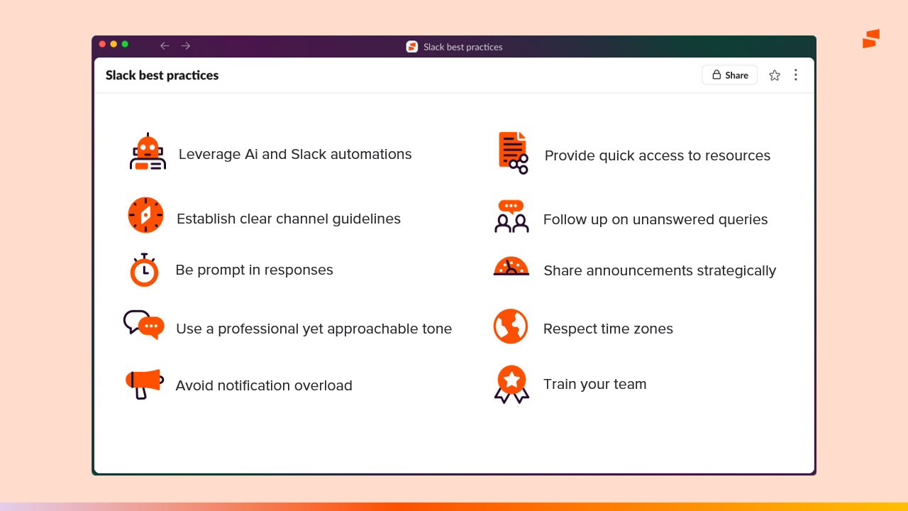 Slack best practices card listing ten guidelines including leveraging AI and automations, clear channel guidelines, prompt responses and avoiding notification overload