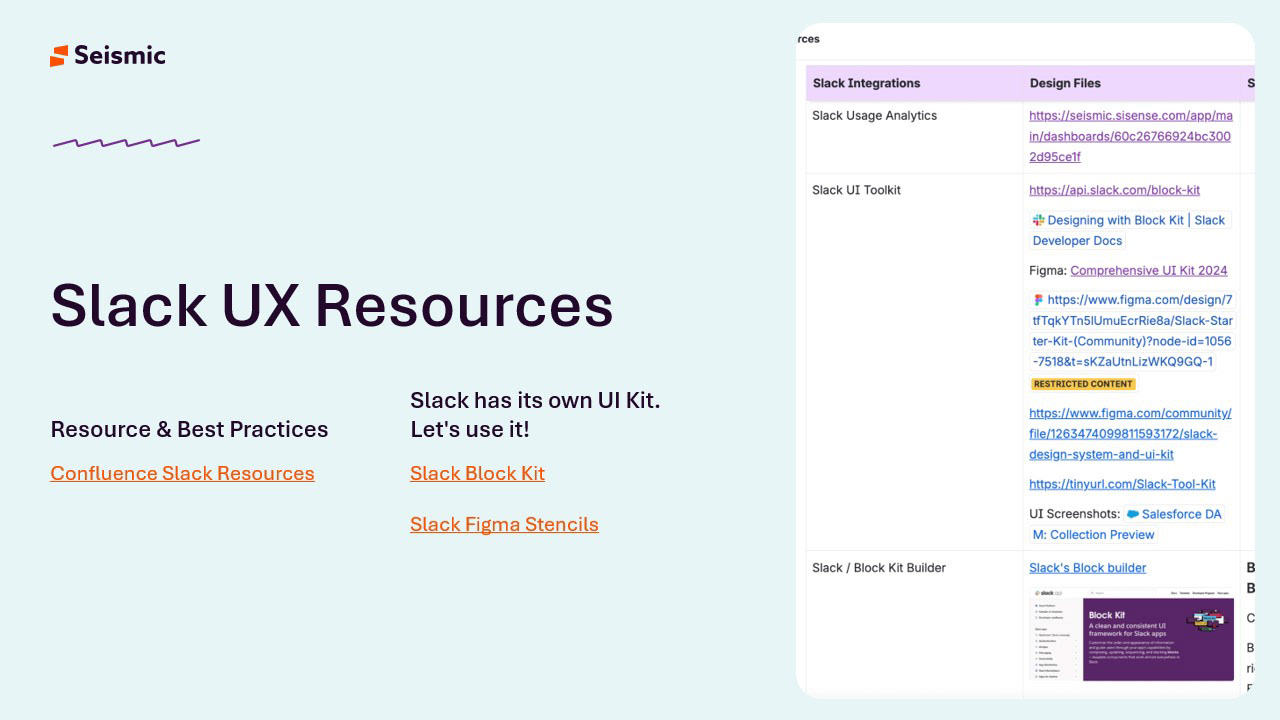 Slack UX Resources slide linking Confluence best practices, Slack Block Kit and Slack Figma stencils