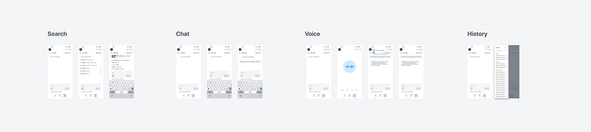 Aura patterns showing search, chat, voice and history as consistent states of a single surface