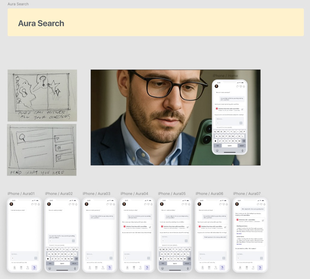 Aura search sketches alongside a seven-screen flow ending in a meeting summary with action items