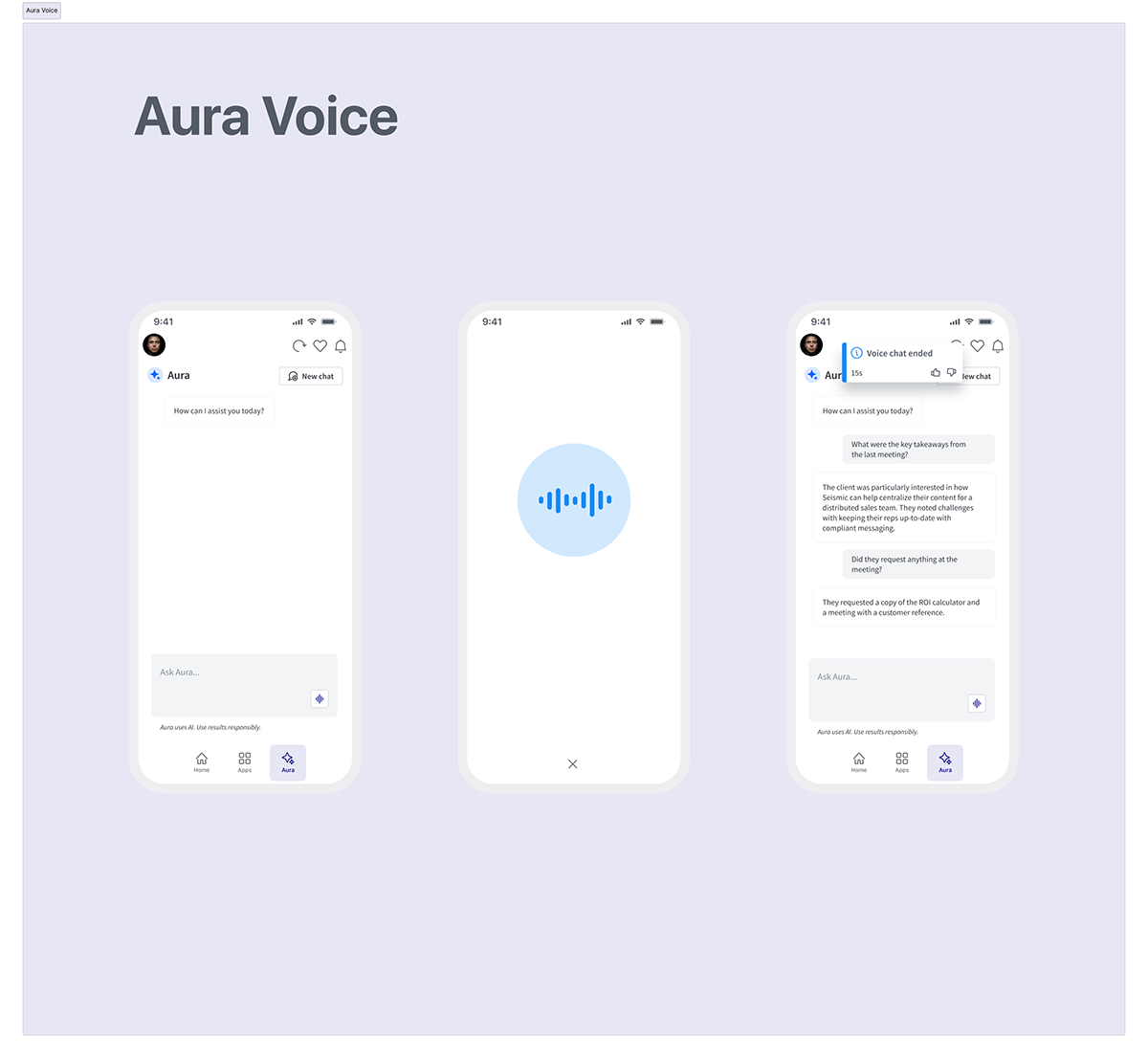 Aura Voice flow showing the chat entry point, a full-screen listening state, and the transcribed conversation returned to the thread
