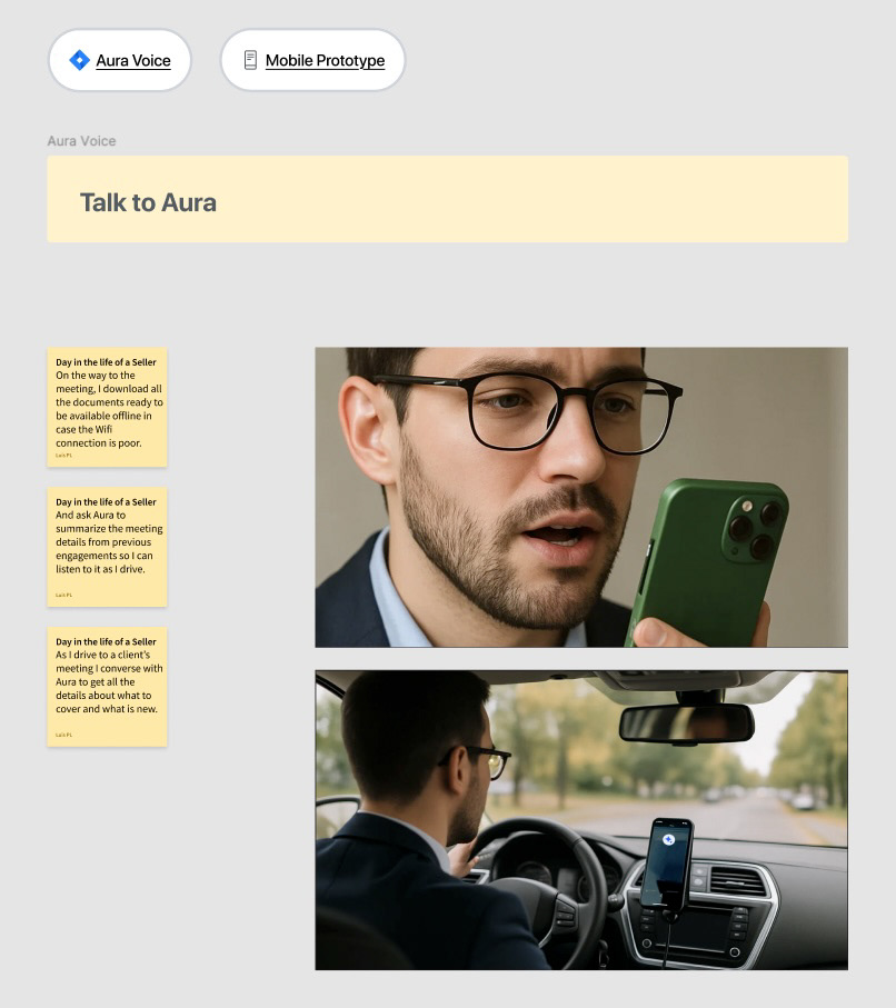 Day in the life notes describing a seller downloading documents and talking to Aura while driving to a client meeting