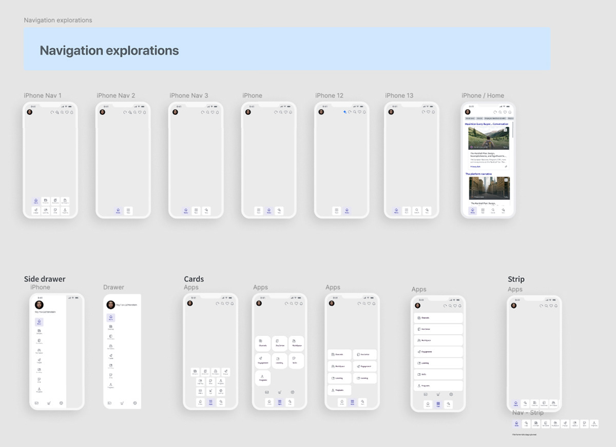 Navigation explorations showing seven tab bar variants plus side drawer, card grid and strip patterns for the Apps layer