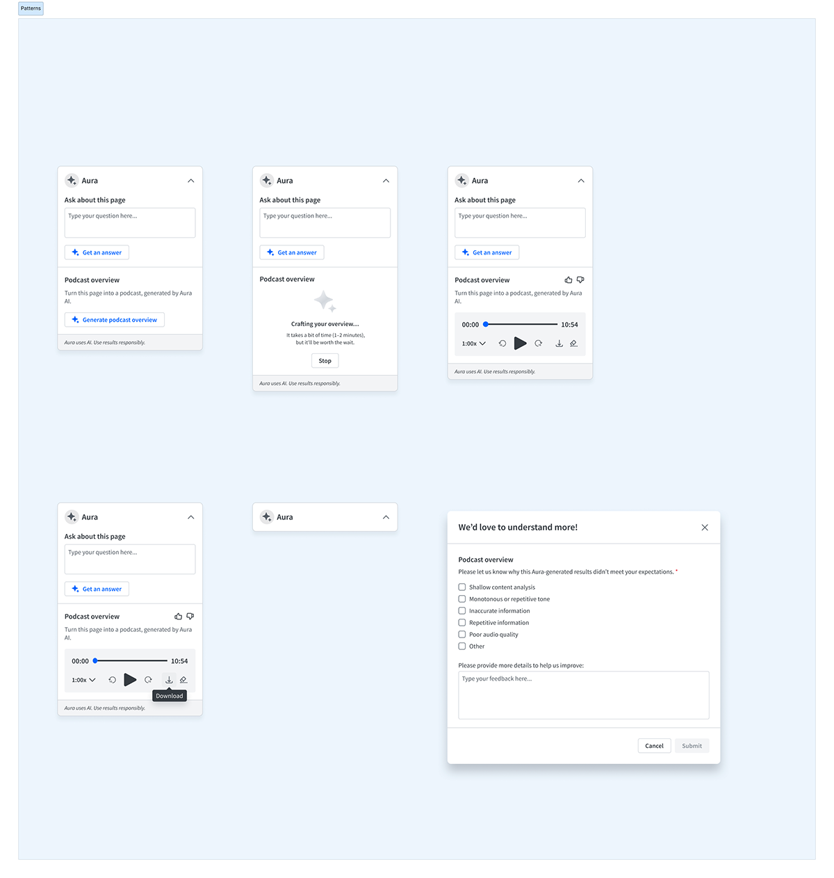Podcast component states including idle, generating, playback, download and the structured feedback modal