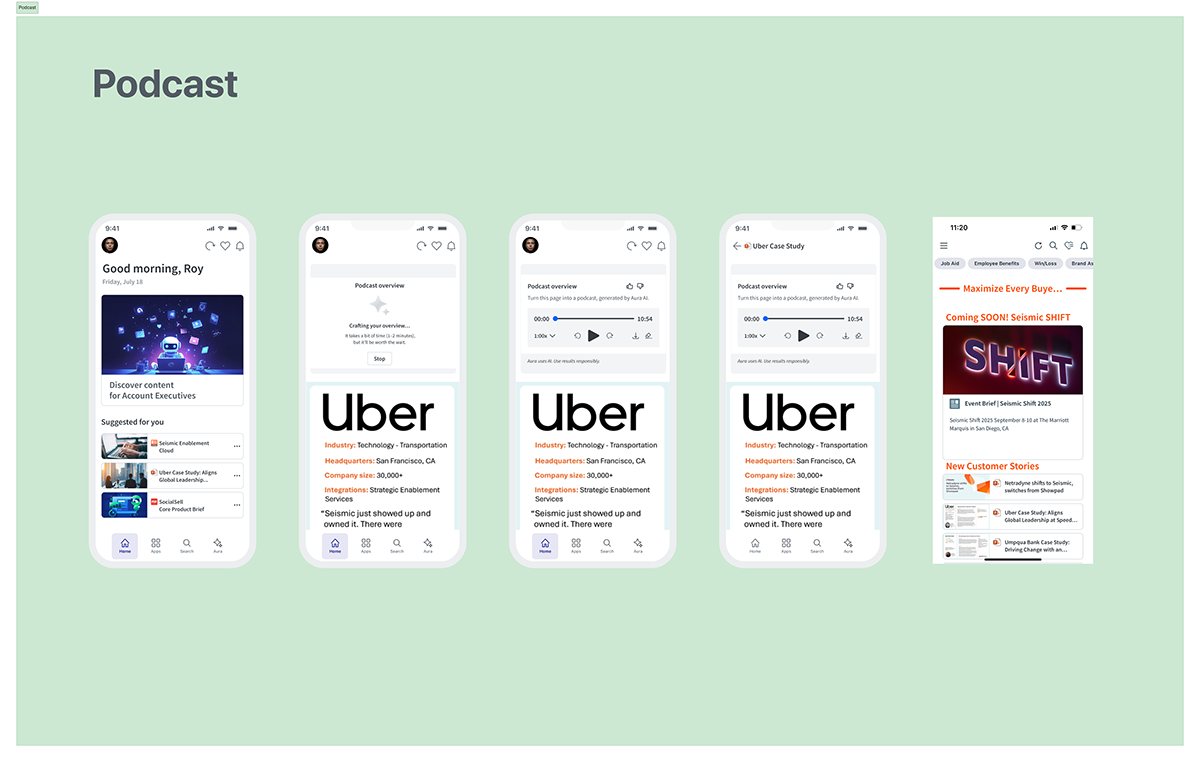 Podcast generation shown across the home screen, generating state, playback controls and a content page