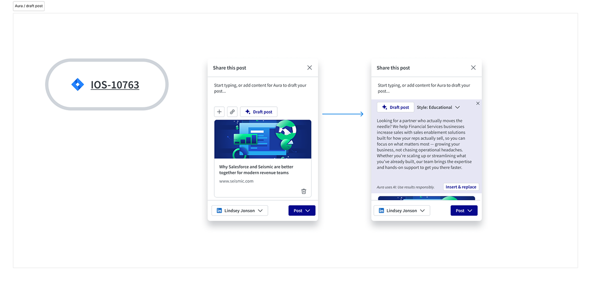 Aura drafting a social post from shared content with a selectable style and an insert and replace action