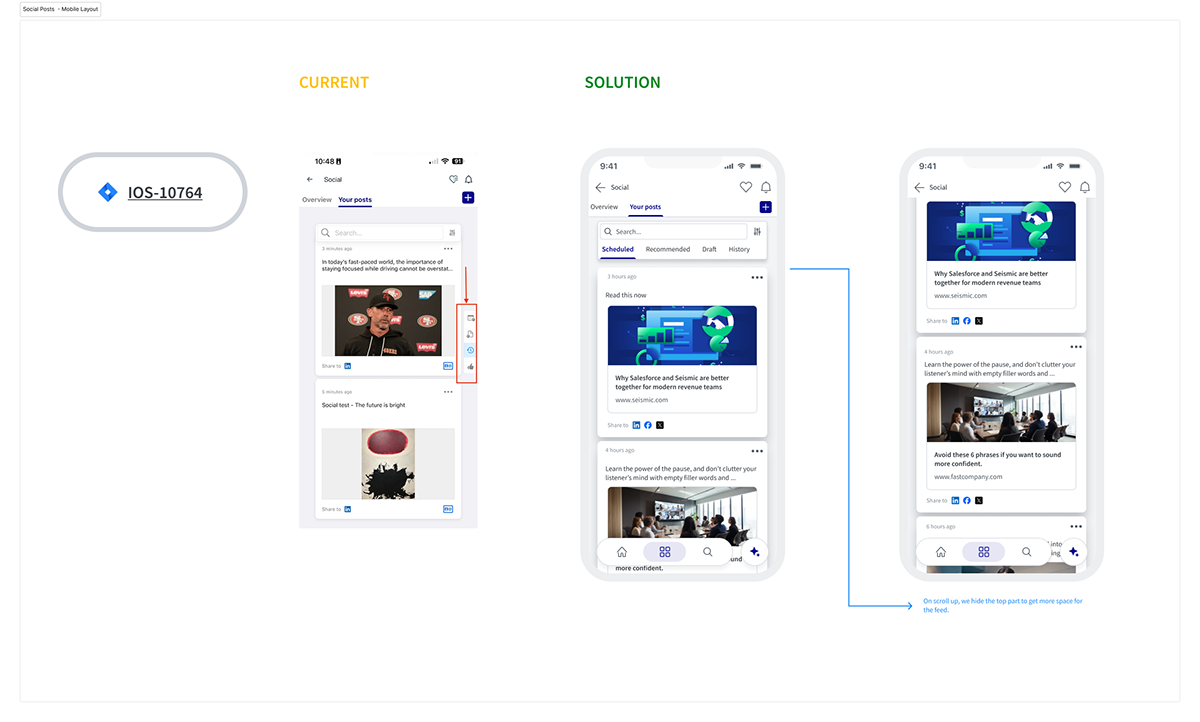 Social posting before and after, replacing a cramped icon rail with scheduled, recommended, draft and history tabs