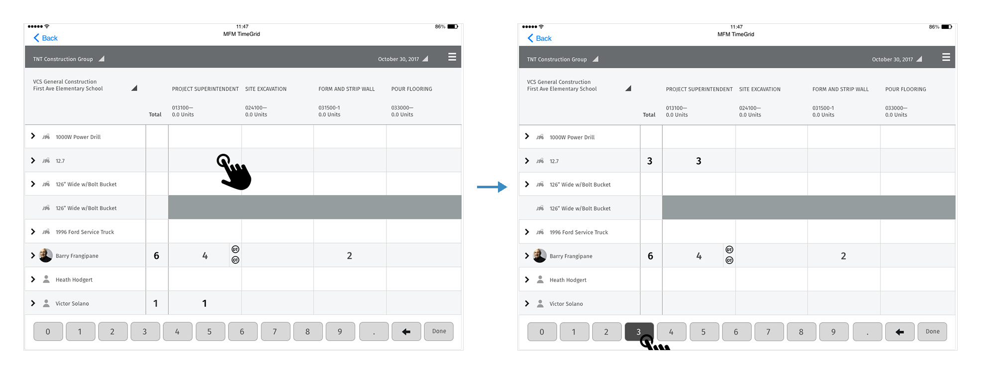 Two iPad TimeGrid screens with an arrow between them. In the first, a finger taps an empty cell in the 12.7 row under Project Superintendent. In the second, the cell and the row total both read 3, and the 3 key on the number pad is highlighted under the finger