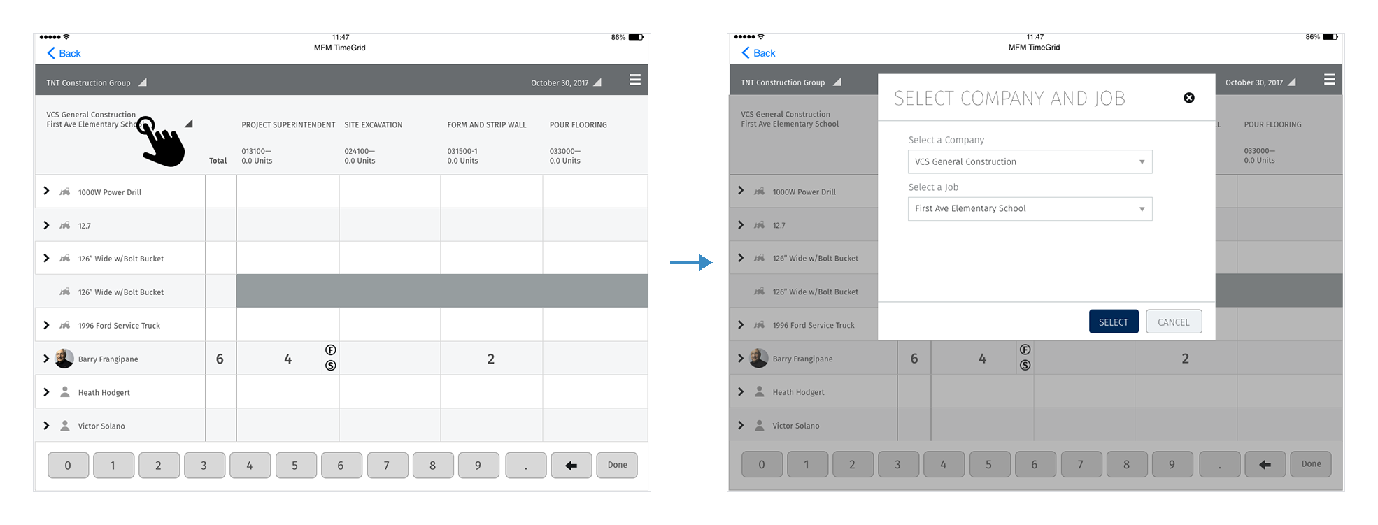 Two iPad screens. First, a finger taps the VCS General Construction, First Ave Elementary School label above the resource column. Second, a Select Company and Job modal with two dropdowns, VCS General Construction and First Ave Elementary School, and Select and Cancel buttons