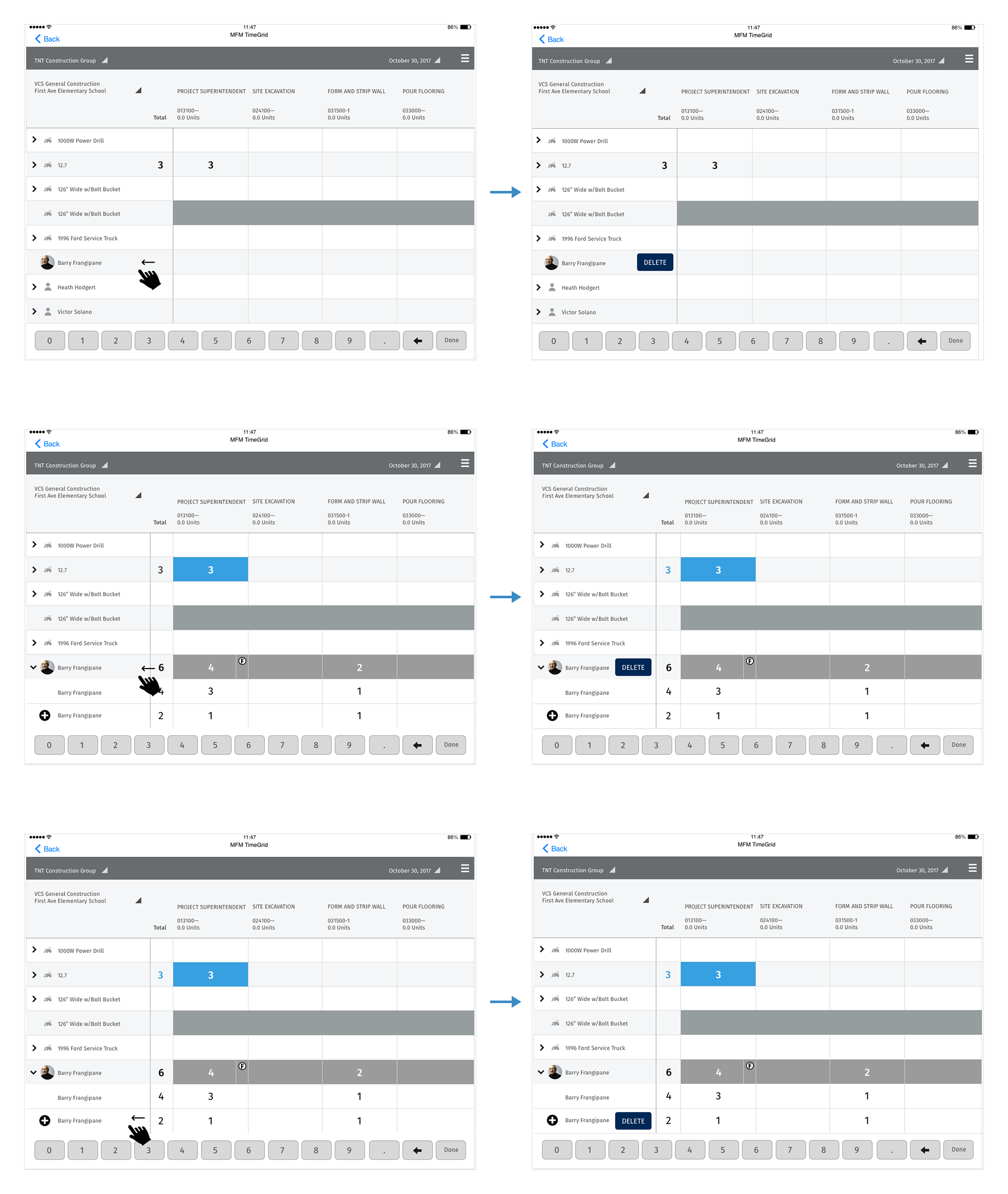 Three pairs of iPad screens. Top: a finger swipes left on Barry Frangipane's collapsed row, and a Delete button appears. Middle: the row is expanded, the finger swipes left on the parent row, and Delete appears next to the parent, with a note that the children are deleted as well. Bottom: the finger swipes left on one child row, and Delete appears on that row only