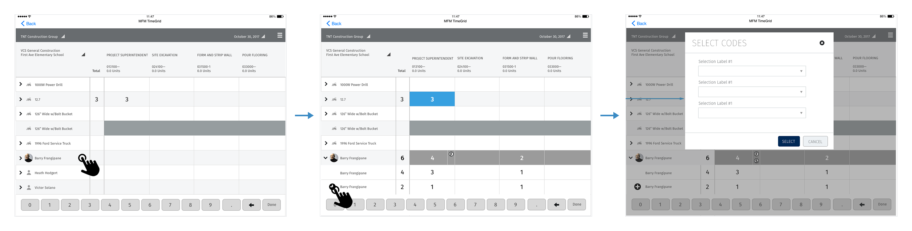 Three iPad screens. First, a finger taps the Barry Frangipane row. Second, the row is expanded into a grey parent row with a total of 6 and two child rows of 4 and 2, and a finger taps the plus icon on the last child. Third, a Select Codes modal with three dropdowns and Select and Cancel buttons