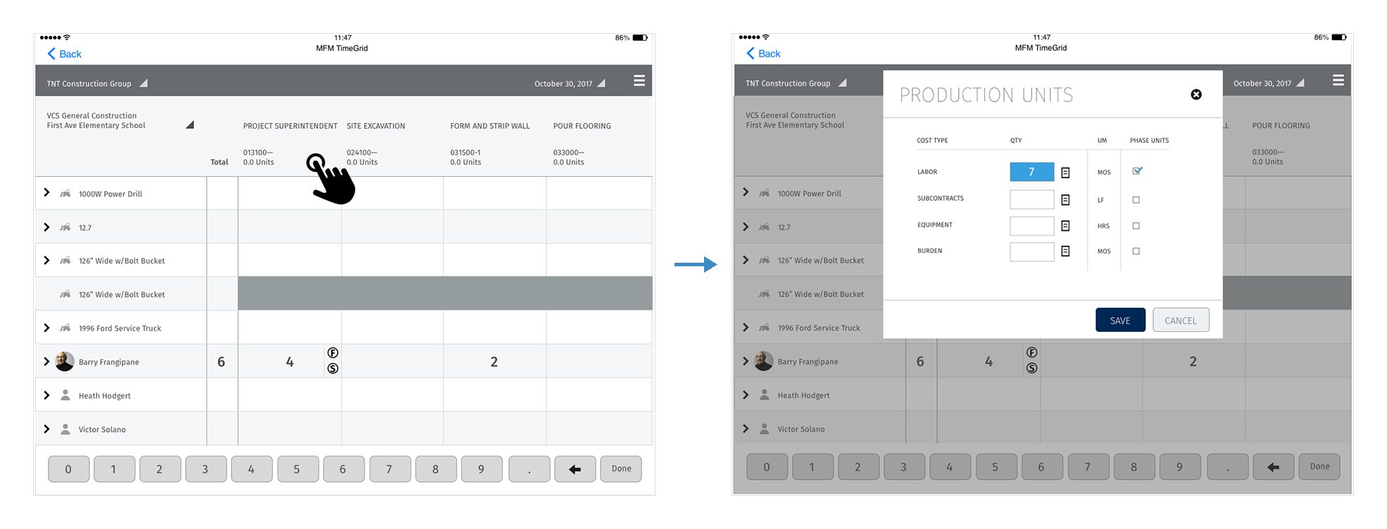 Two iPad screens. First, a finger taps the Project Superintendent phase header. Second, a Production Units modal lists labor with quantity 7 in MOS, subcontracts in LF, equipment in HRS and burden in MOS, each with a phase units checkbox, and Save and Cancel buttons