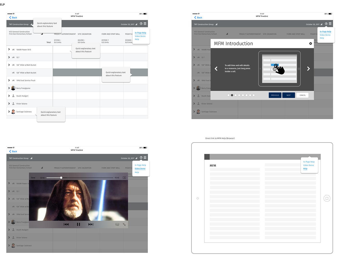 Onboarding and help board with four iPad screens. Top left: the grid with four tooltips reading quick explanatory text about this feature, and a help menu listing In-Page Help, Video Demo and Help. Top right: an MFM Introduction carousel over the dimmed grid, showing a hand long-pressing a cell and the text to add time and edit details to a resource, just long press inside a cell, with eight progress dots and Previous, Next and Cancel buttons. Bottom left: a video demo playing over the grid. Bottom right: a direct link to MFM Help opening in the browser