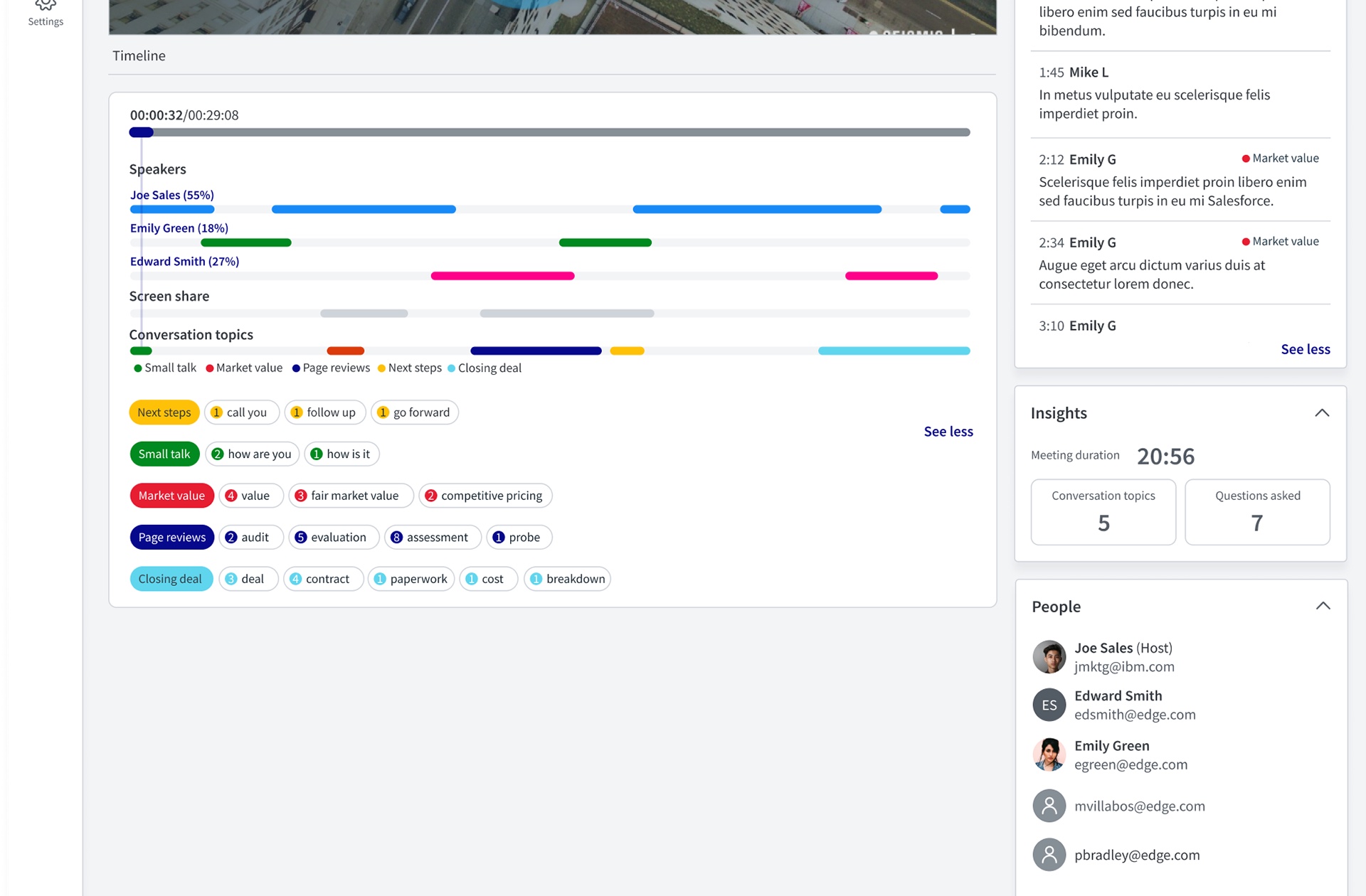 Seismic meeting record for an intro call with Edge Communications: the recorded presentation on the left with a timeline of speakers, screen share and conversation topics underneath, and a transcript, insights and people panel on the right