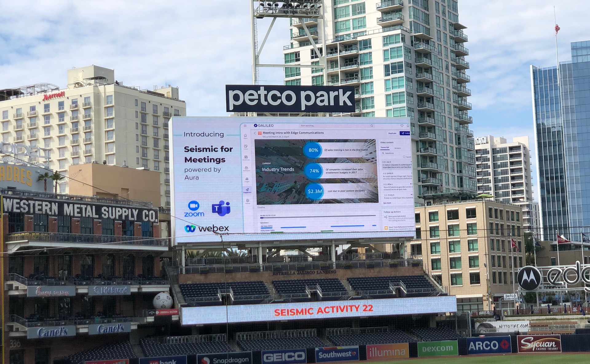 The Petco Park scoreboard in San Diego showing Introducing Seismic for Meetings, powered by Aura, with Zoom, Microsoft Teams and Webex logos beside the meeting record screen, above a banner reading Seismic Activity 22
