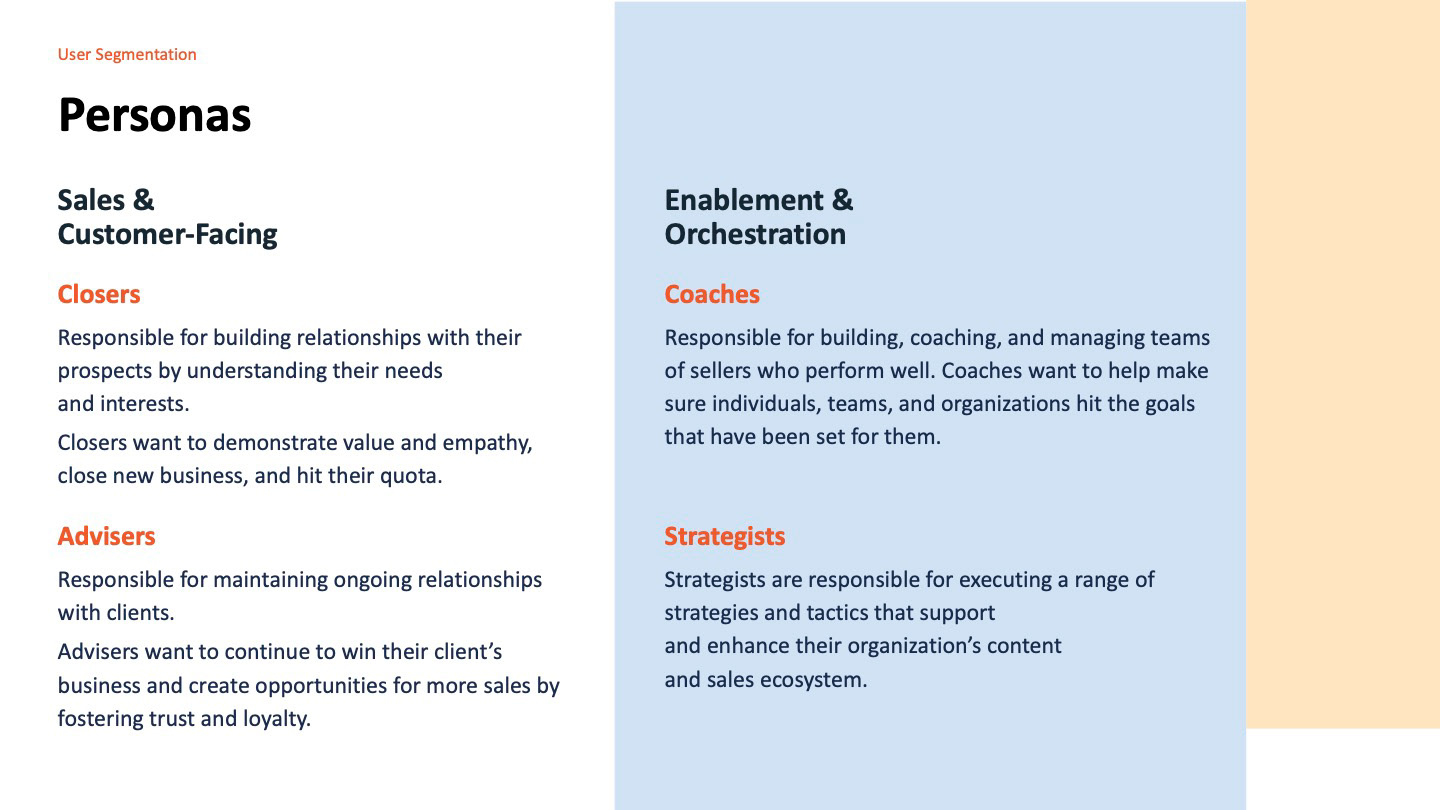 User segmentation slide with two groups of personas. Sales and customer-facing: Closers, who build relationships with prospects and want to close new business and hit quota; Advisers, who maintain ongoing client relationships and want to keep winning their business. Enablement and orchestration: Coaches, who build and manage teams of sellers; Strategists, who run the strategies behind their organization's content and sales ecosystem