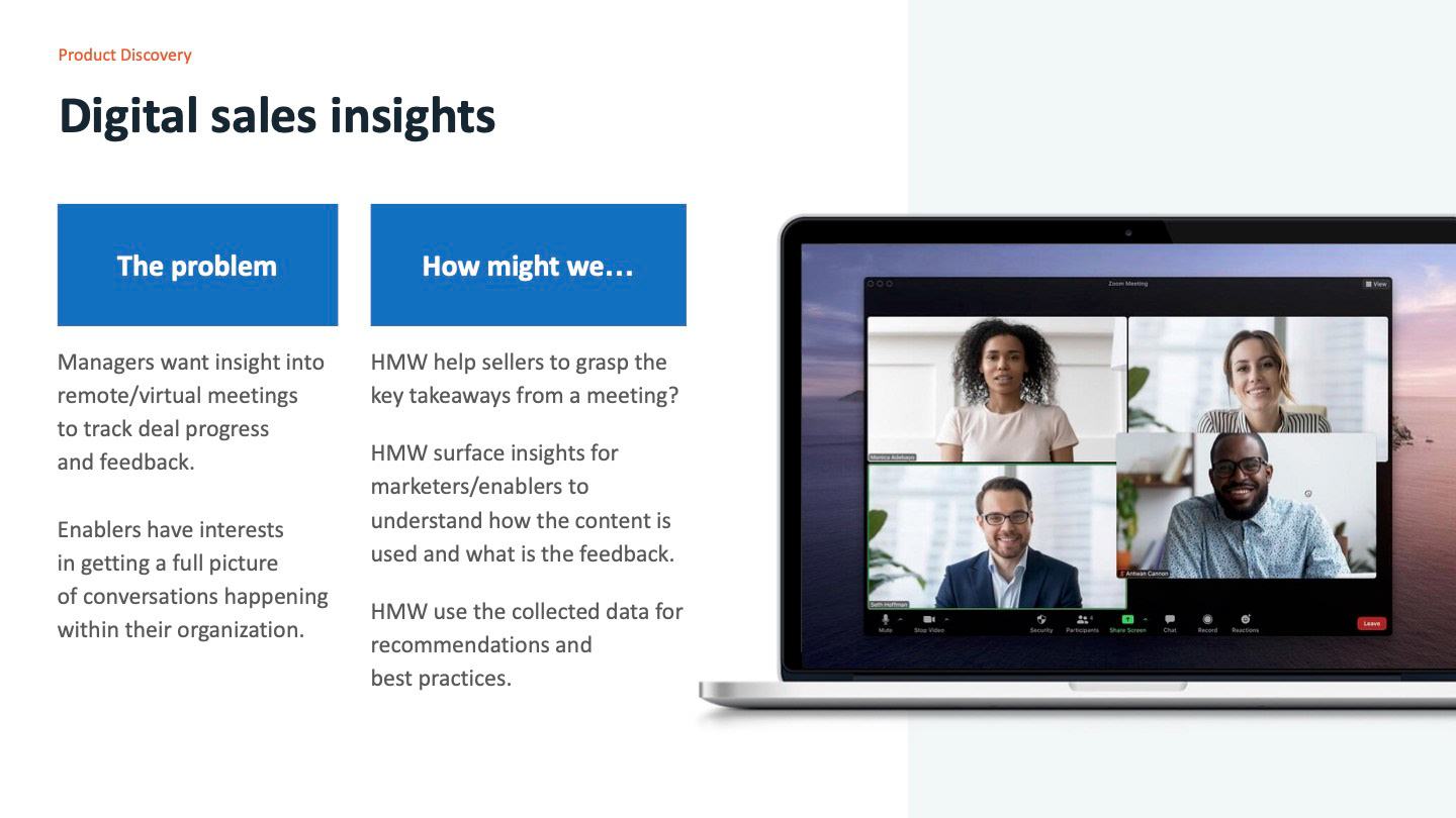 Product discovery slide titled Digital sales insights. The problem: managers want insight into remote meetings to track deal progress and feedback; enablers want a full picture of conversations in their organization. How might we: help sellers grasp the key takeaways from a meeting; surface insights for marketers and enablers on how content is used and what the feedback is; use the collected data for recommendations and best practices
