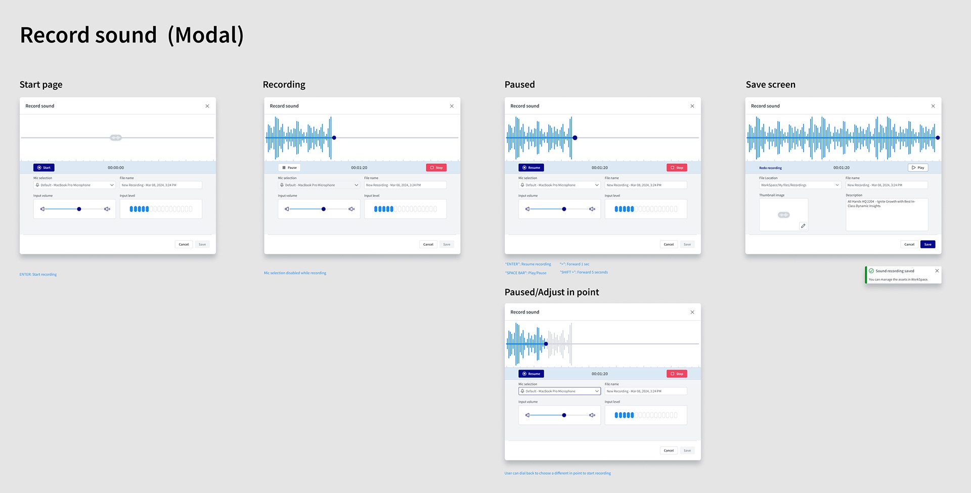 Record sound modal explorations in five states: start page, recording with a live waveform, paused, save screen with file location, thumbnail and description, and paused adjust in point where the user can dial back to restart recording from an earlier point, with notes on keyboard shortcuts