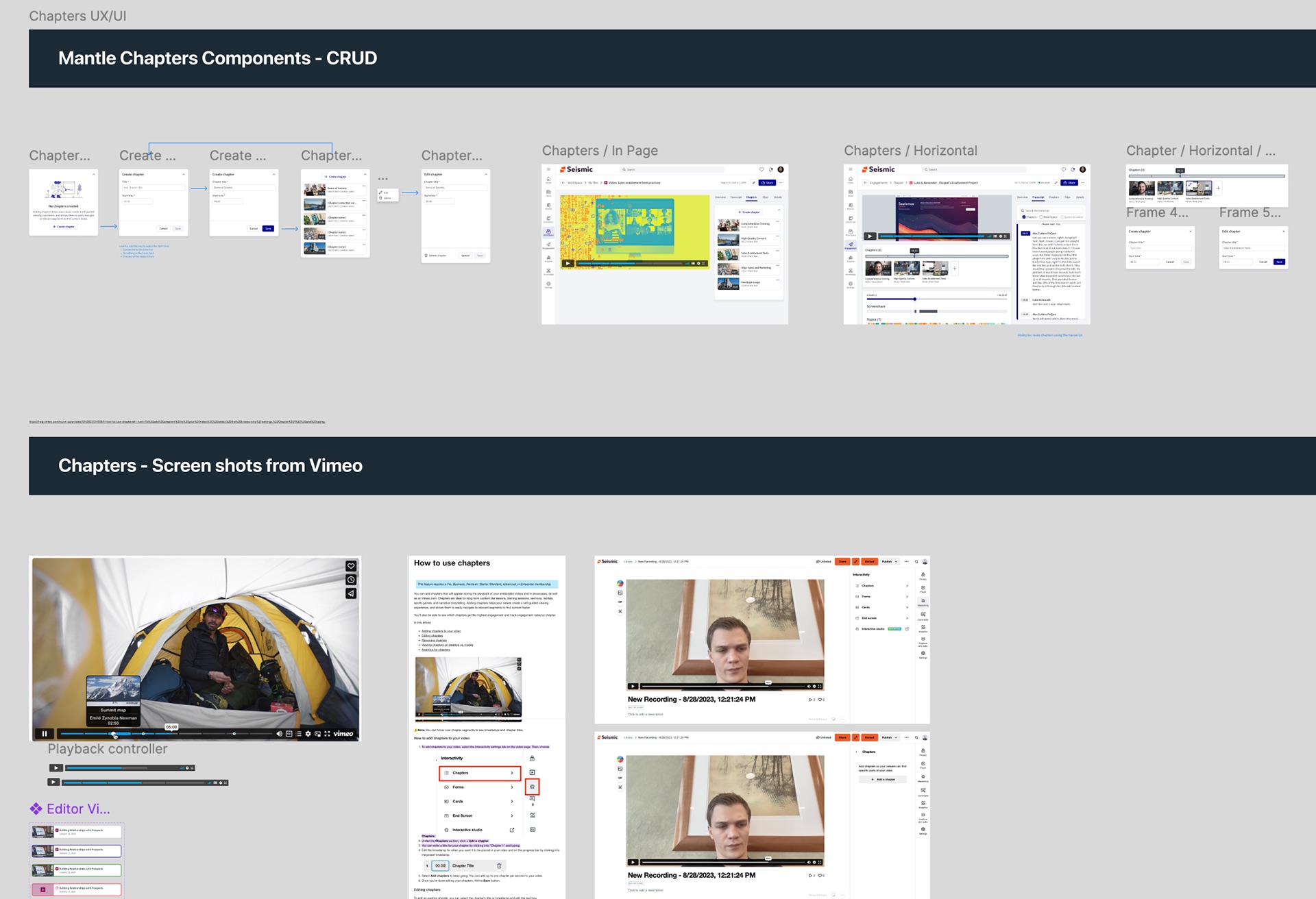 Mantle Chapters components covering create, read, update and delete, from an empty state through create, edit and a chapter list, shown in page, horizontal and meeting layouts, above reference screenshots of Vimeo's chapter controls and help documentation