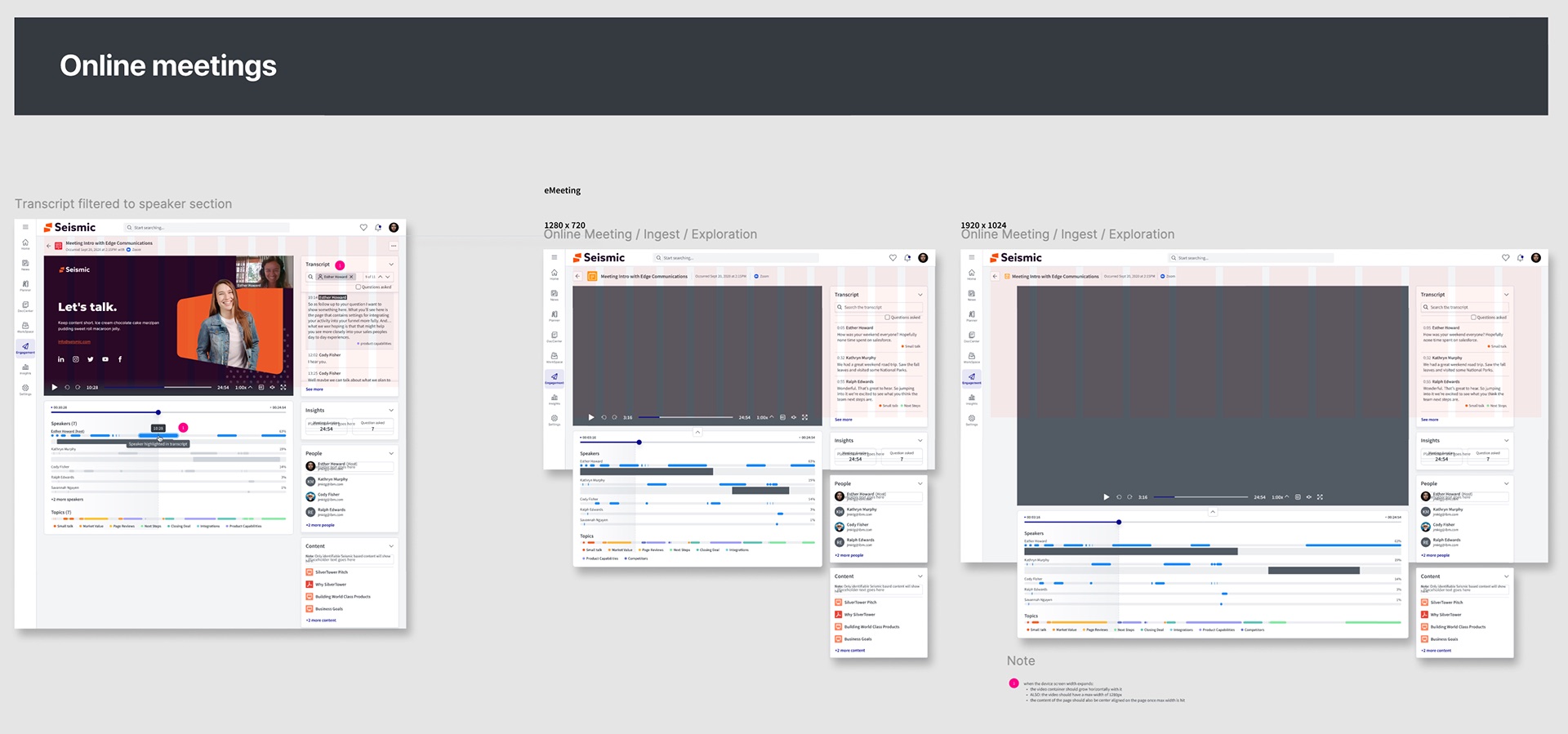 Online meeting explorations: a transcript filtered to one speaker's section, and the meeting ingest layout at 1280 by 720 and 1920 by 1024 with speaker and topic timelines, people and content panels, and a note on how the video container grows with screen width