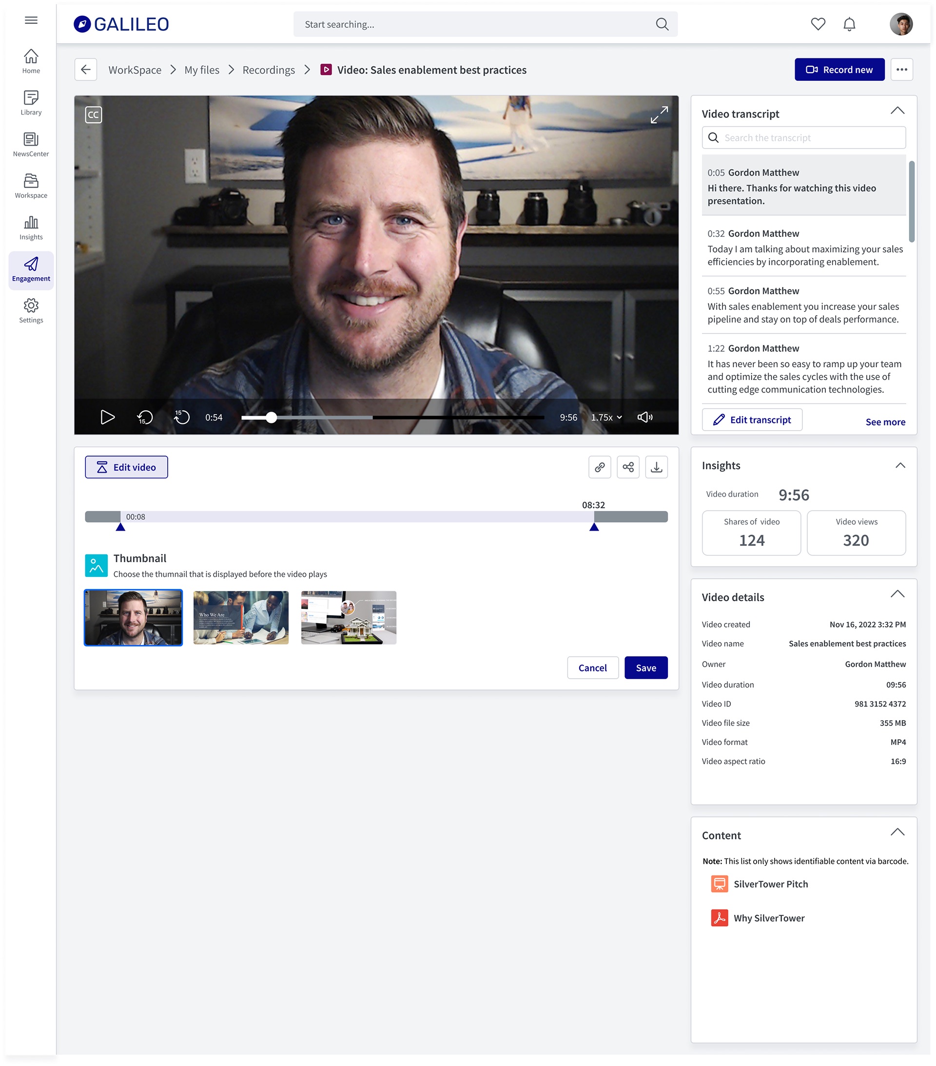 Galileo playback page with the video player, captions, speed control, an Edit video panel with a trim range from 00:08 to 08:32 and thumbnail picker, and a right rail with a searchable transcript, insights for duration, shares and views, video details and linked content