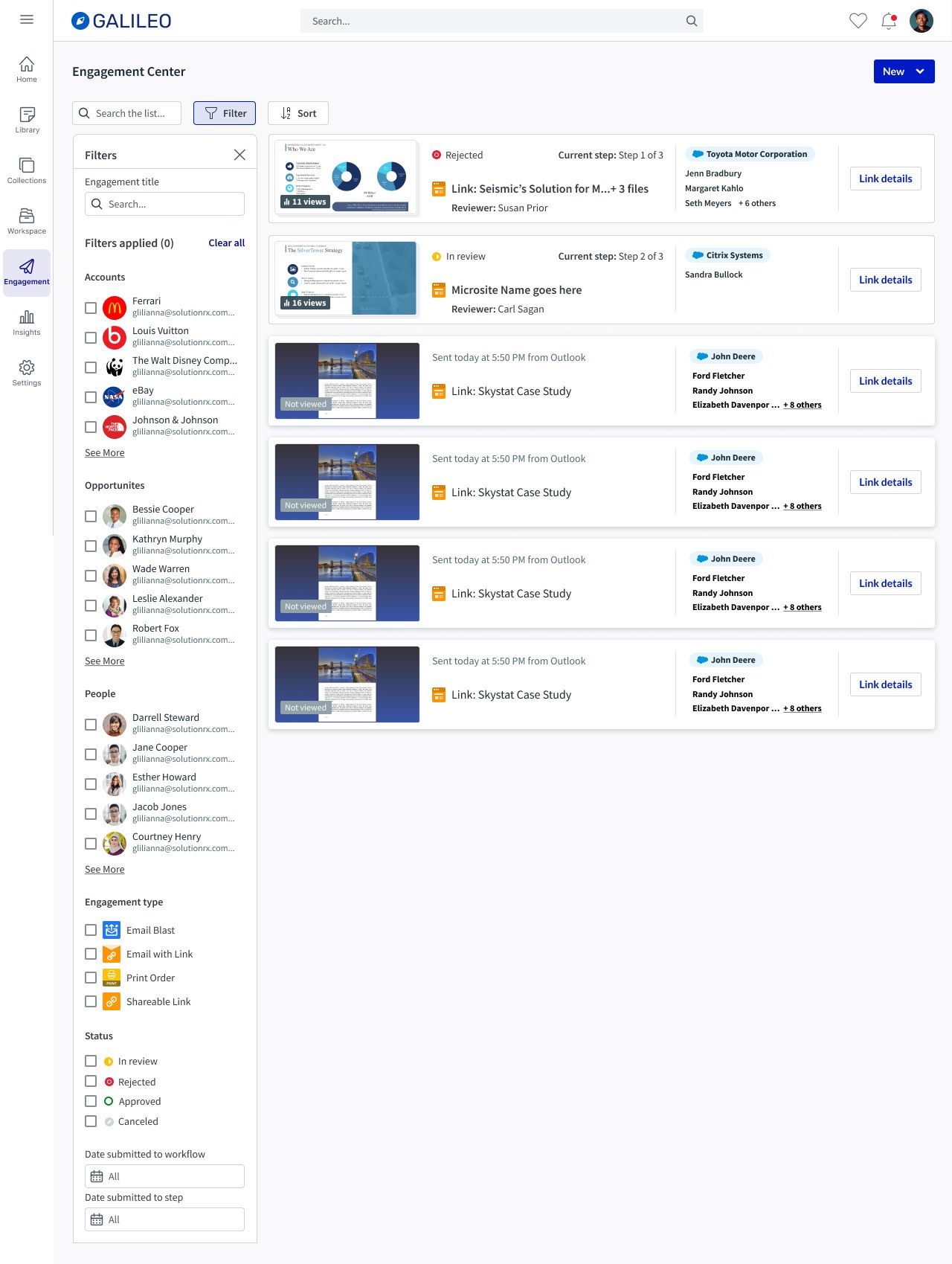Engagement Center with filters on the left for accounts, opportunities, people, engagement type and status (in review, rejected, approved, canceled). Engagement cards on the right; the first reads Rejected, current step 1 of 3, reviewer named, and the second reads In review, current step 2 of 3