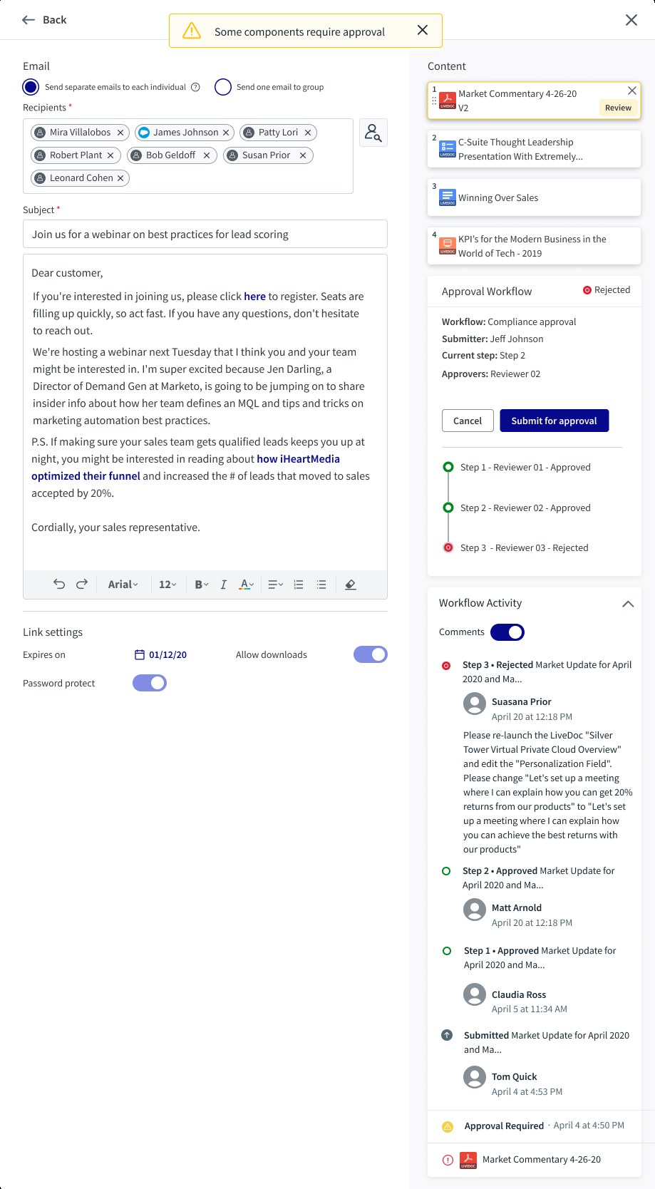 The seller's view of a rejected engagement. A banner reads Some components require approval. The flagged content now shows version 2. The approval panel reads Rejected with steps 1 and 2 approved and step 3 rejected, and a Submit for approval button. The activity feed shows the step 3 rejection with the reviewer's comment asking to relaunch the LiveDoc and change the wording, followed by the earlier approvals