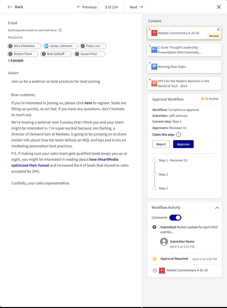 Reviewer's view of the submitted email with Previous and Next controls reading 2 of 234. The flagged content item is highlighted. The Approval Workflow panel shows Claim this step with an info icon, and Reject and Approve buttons above the step tracker