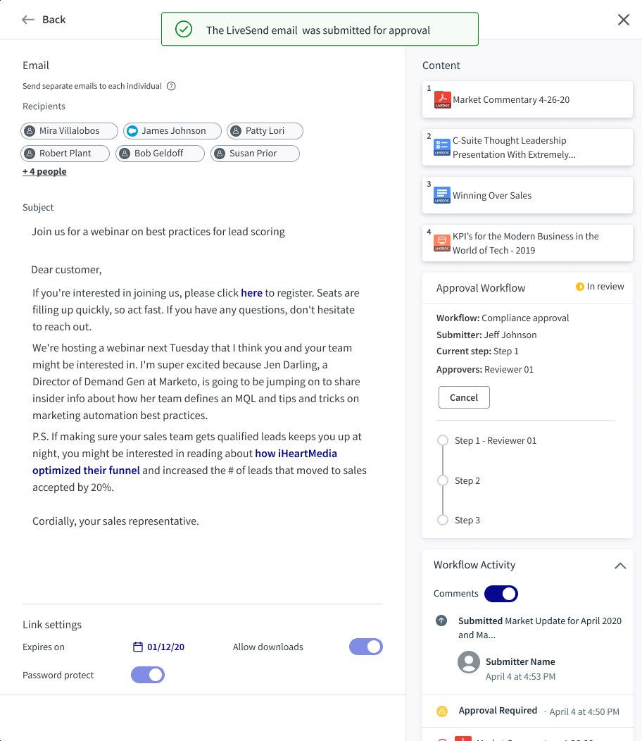 The same email after submission with a green banner, The LiveSend email was submitted for approval. The right rail now shows an Approval Workflow panel marked In review with the workflow name, submitter, current step and approvers, a Cancel button and a three-step tracker, and a Workflow Activity feed below with comments toggled on