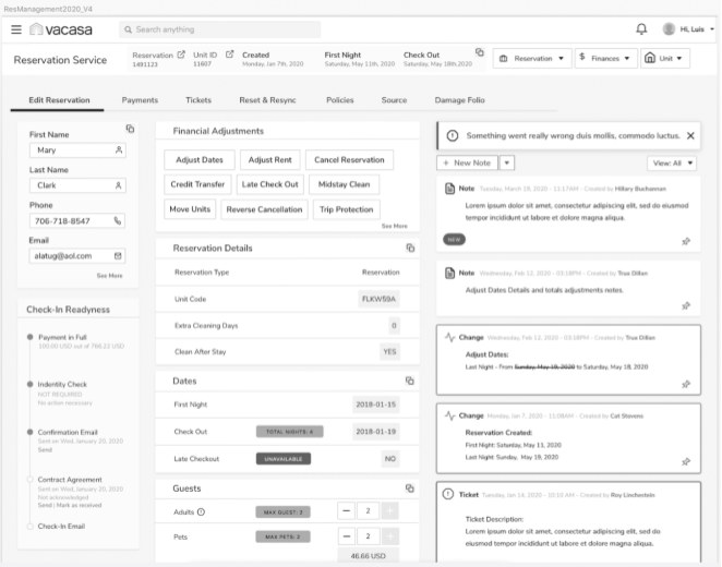 Design A wireframe: a revised navigation with reservation facts in the header, tabs for edit reservation, payments, tickets, reset and resync, policies, source and damage folio, a column of guest fields and check-in readiness, a middle column of financial adjustment buttons and reservation details, and a right-hand feed of notes, changes and tickets