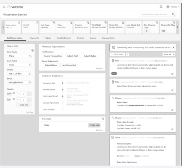 Design B wireframe: a minimal page with a scrollable strip of reservation fact cards across the top, a compact guest panel with guest counters, a check-in readiness checklist, a finance total, and the activity feed on the right