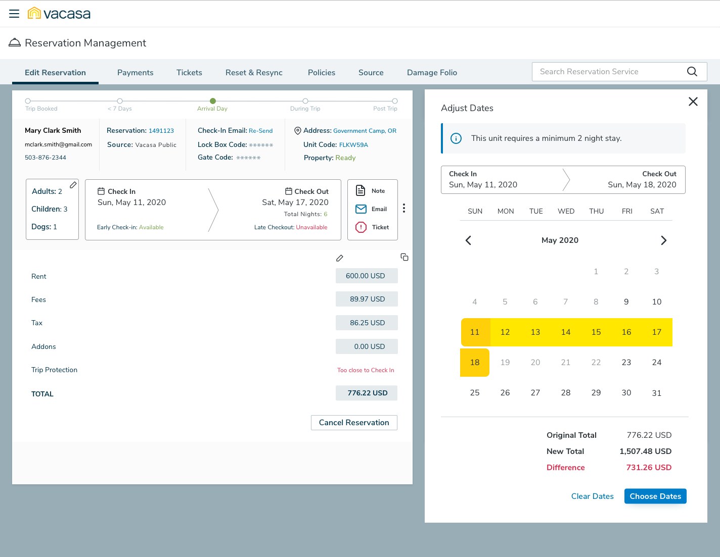 Adjust Dates side panel over the reservation, with a notice that the unit requires a minimum 2-night stay, a May 2020 calendar with the 11th to the 18th selected, and a summary of original total 776.22 USD, new total 1,507.48 USD and a difference of 731.26 USD in red, with Clear Dates and Choose Dates buttons