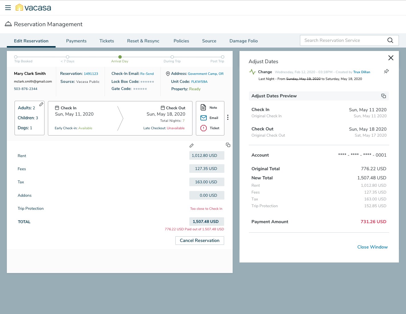 The reservation after confirming new dates: the stay card now shows check-out Sun, May 18 with 7 total nights, the finance breakdown updates to 1,012.80 rent and a total of 1,507.48 USD with 776.22 USD paid, and the side panel shows the change record, a preview comparing original and new dates, and the new totals broken down into rent, fees, tax and trip protection