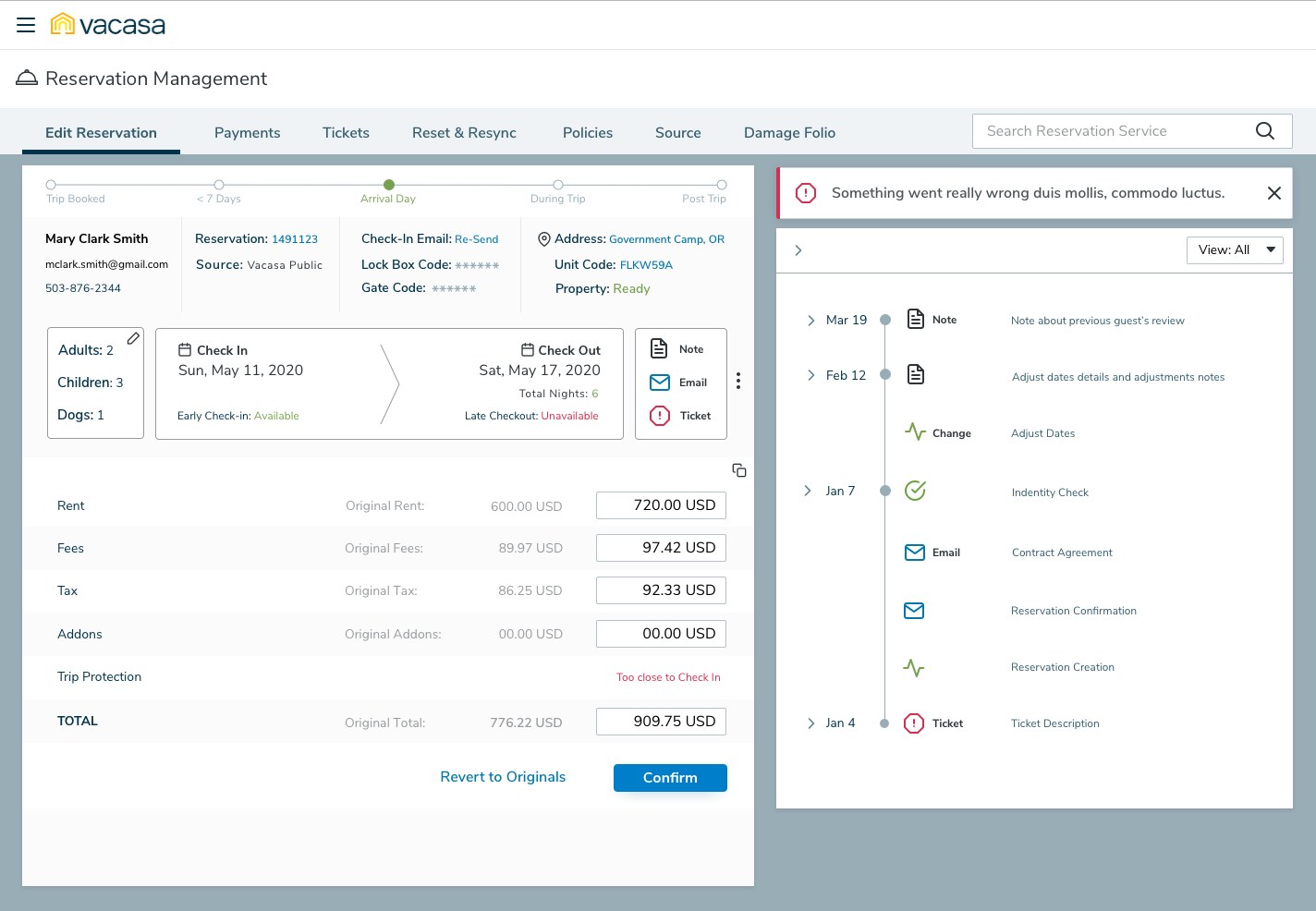 In-page finance editing: rent, fees, tax and addons each shown next to their original amount with an editable new value, a new total of 909.75 USD against an original of 776.22 USD, and Revert to Originals and Confirm buttons